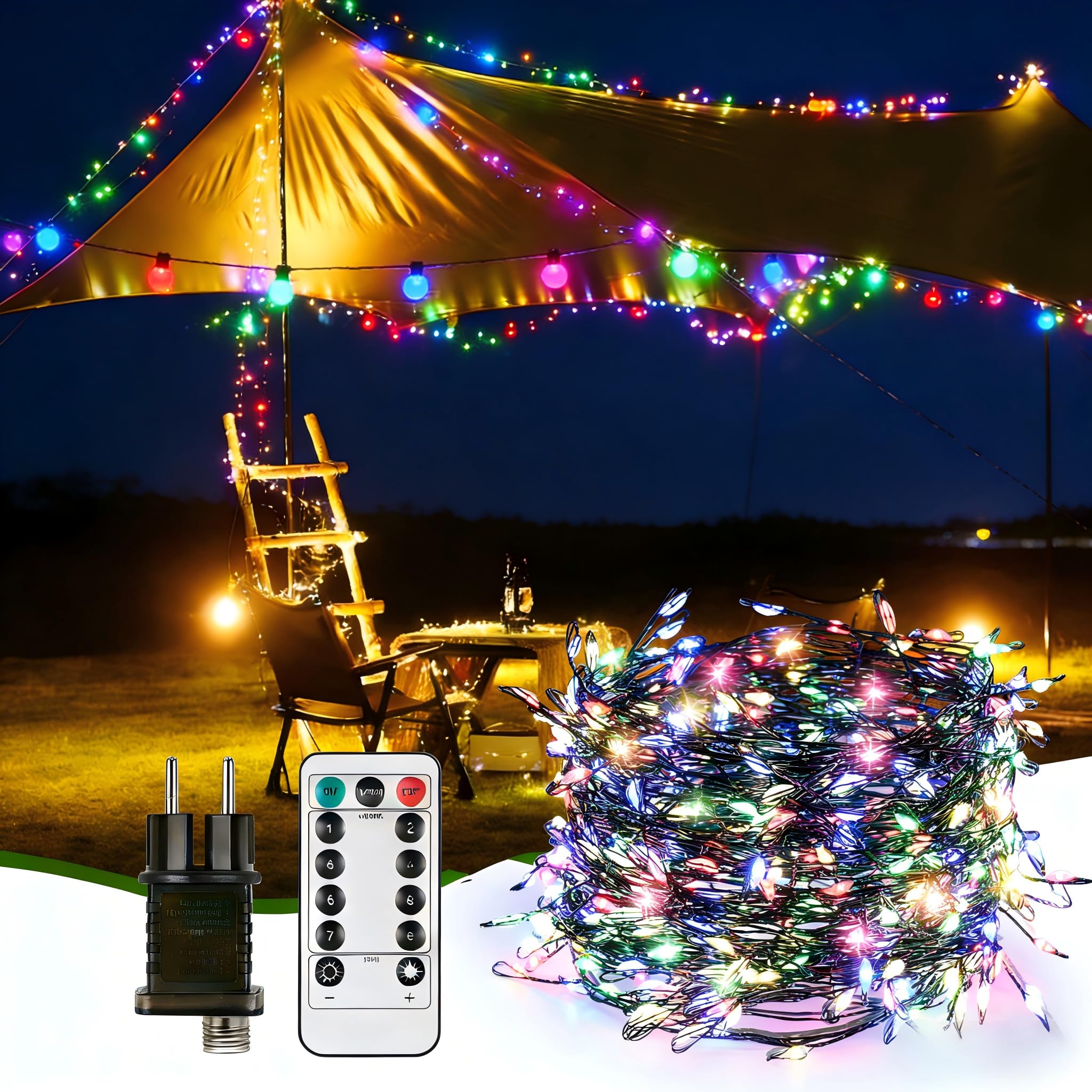 Vankarr Lichterkette Außen Weihnachten LED Lichterkette Wasserdicht 20M 400er 8 Modi mit Timer Speicherfunktion, Lichterkette Innen mit Stecker Fernbedienung (Lumière multicolore, fil vert)