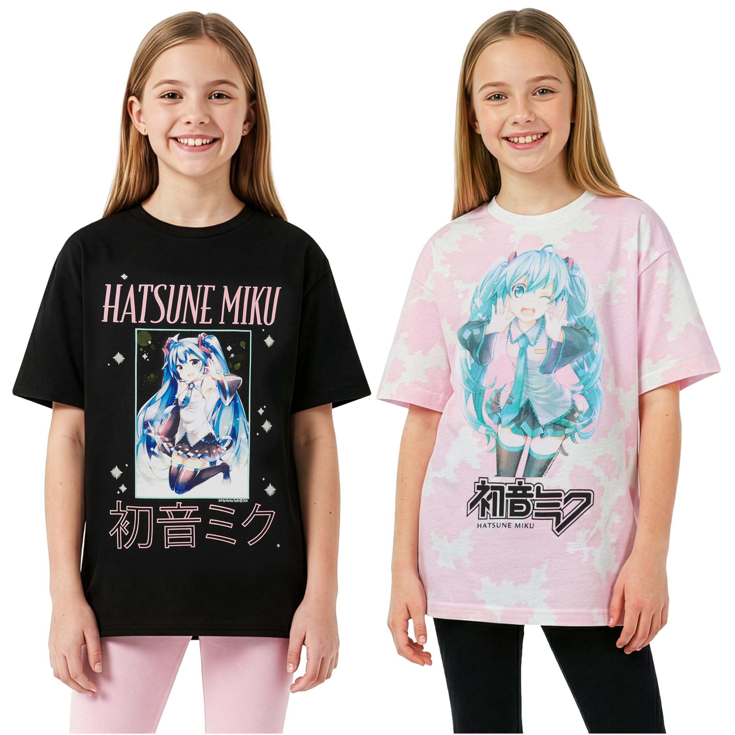 Hatsune Miku Camiseta Niña Manga Corta 7-16 Años, Pack 2 Camisetas 100% Algodón, Ropa de Verano Cómoda para Uso Diario, Regalo Niñas (11-12 Años, Rosa/Negro)