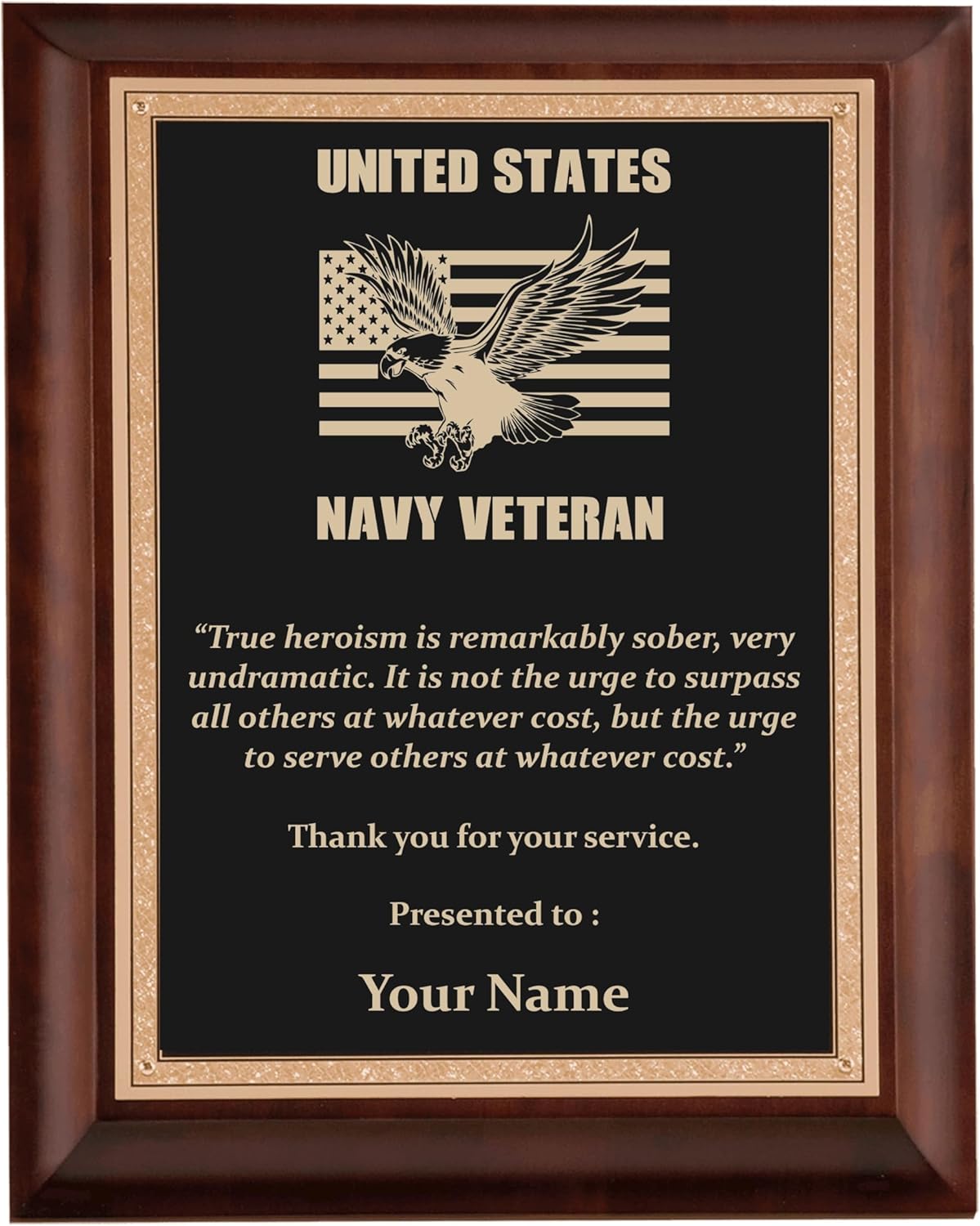 Military Appreciation Plaques, Custom Engraved Navy Service Award with Inspirational Quote Cherry Wood and Brass Plate Plaque for United States US Military Veteran