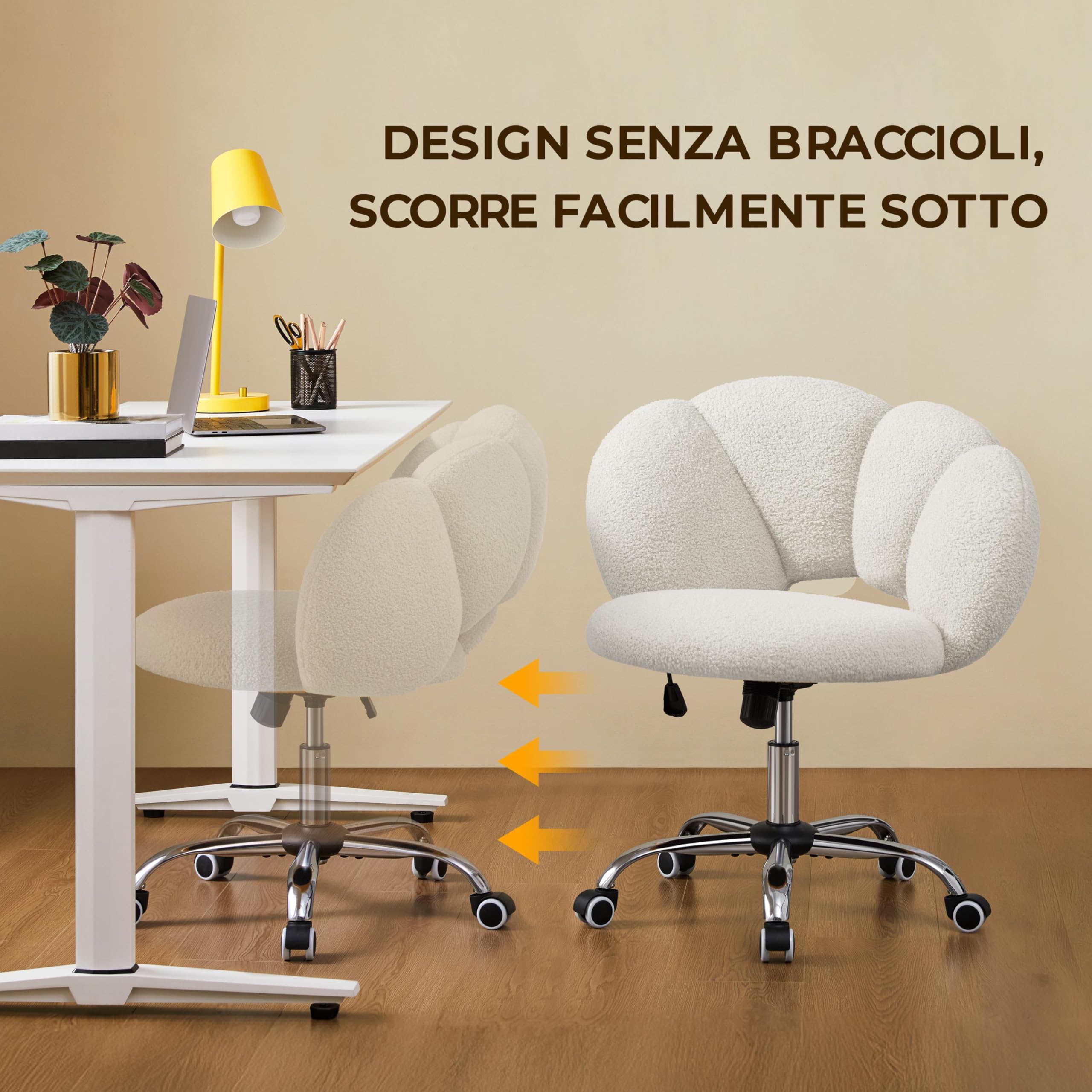 Yaheetech Sedia da Ufficio Scrivania Bianca Cameretta Imbottita Senza Braccioli Ergonomica con Ruote Girevole, Schienale Design a Nuvola in Tessuto Bouclé, Altezza Regolabile