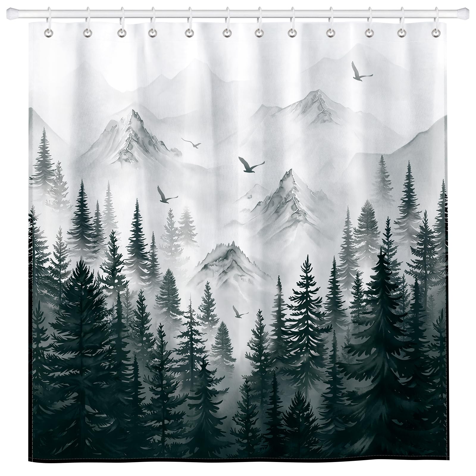 Dark Forest Mountain Shower Curtain Sets, Waterproof Polyester Woodland Fabric Shower Curtains with 12 Hooks for Bathroom Home Decoration, 182 x 182 cm (72 × 72 Inch) Washable Bath Decor