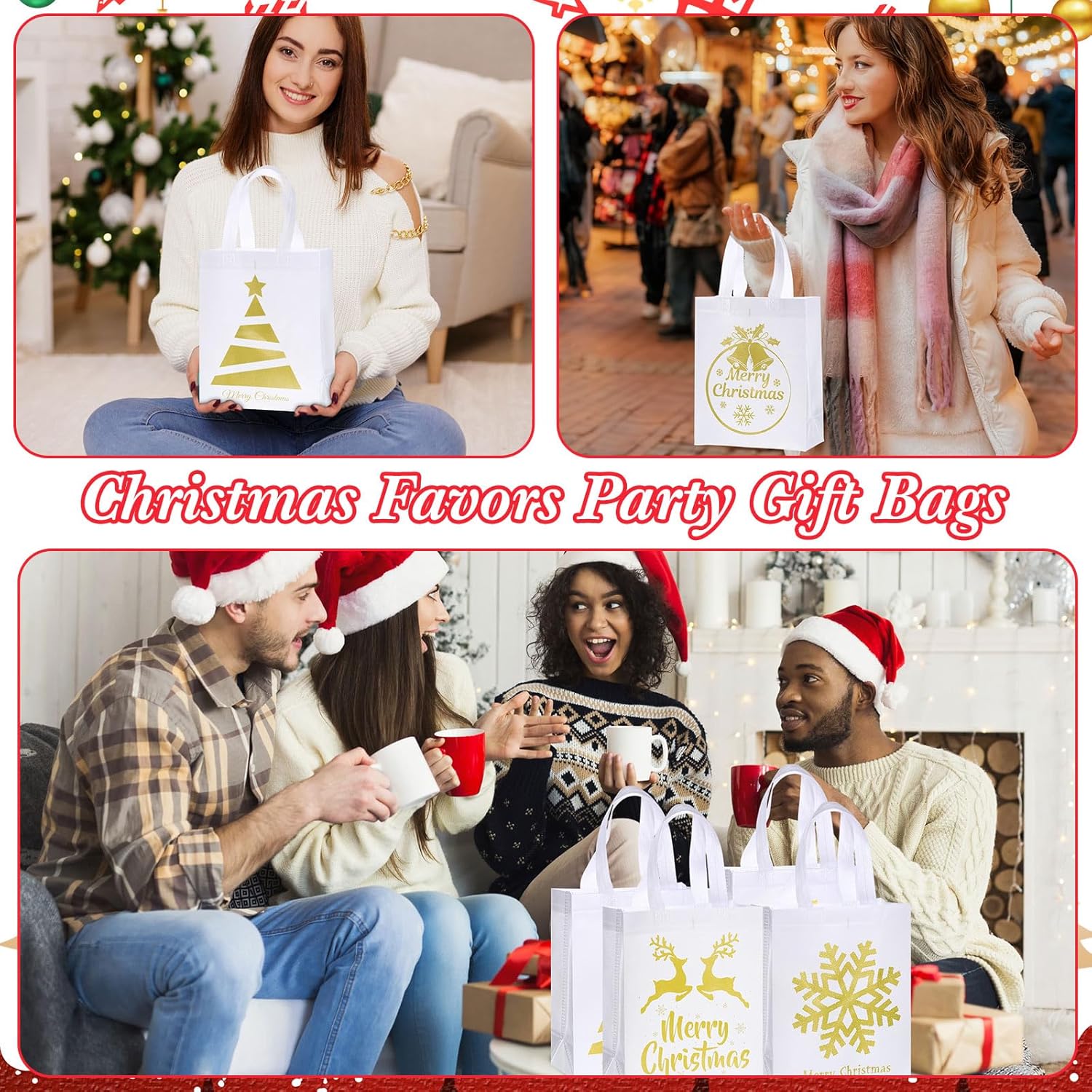 Wesnoy 24 Pcs Christmas Gift Bags Bulk 10 x 8 x 4 Inch Christmas White Gold Non Woven Party Favors Goodies Candy Bags with Handles for Holiday Gift Birthday Party Supplies - Image 5