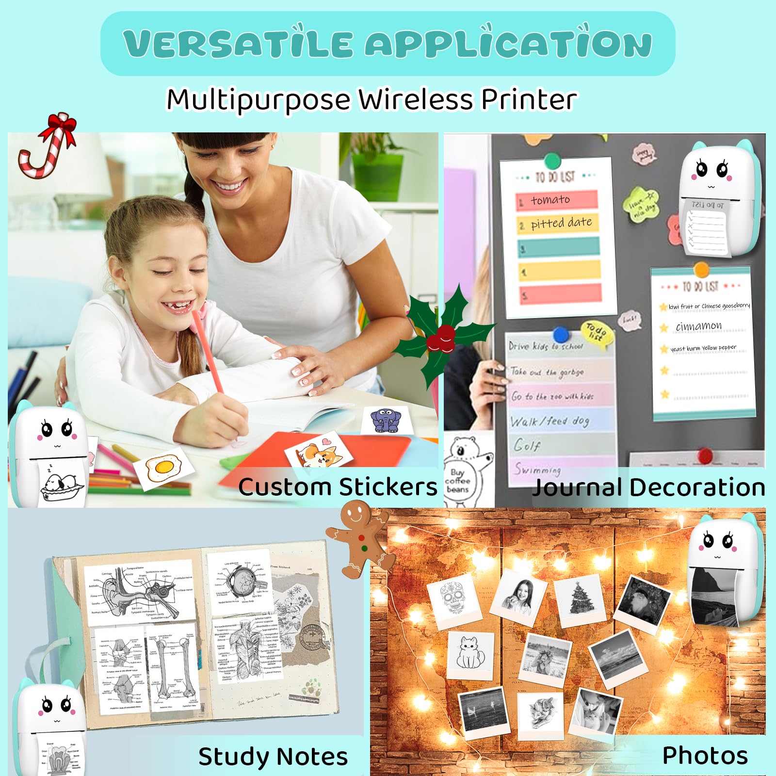 Funducts Mini Sticker Printer, Pocket Thermal Sticker Printer Machine, Thermal Bluetooth Sticker Maker with 11 Rolls Paper, Portable Receipt foe Study Notes, Memo, List, Work Plan, Gift (Blue)