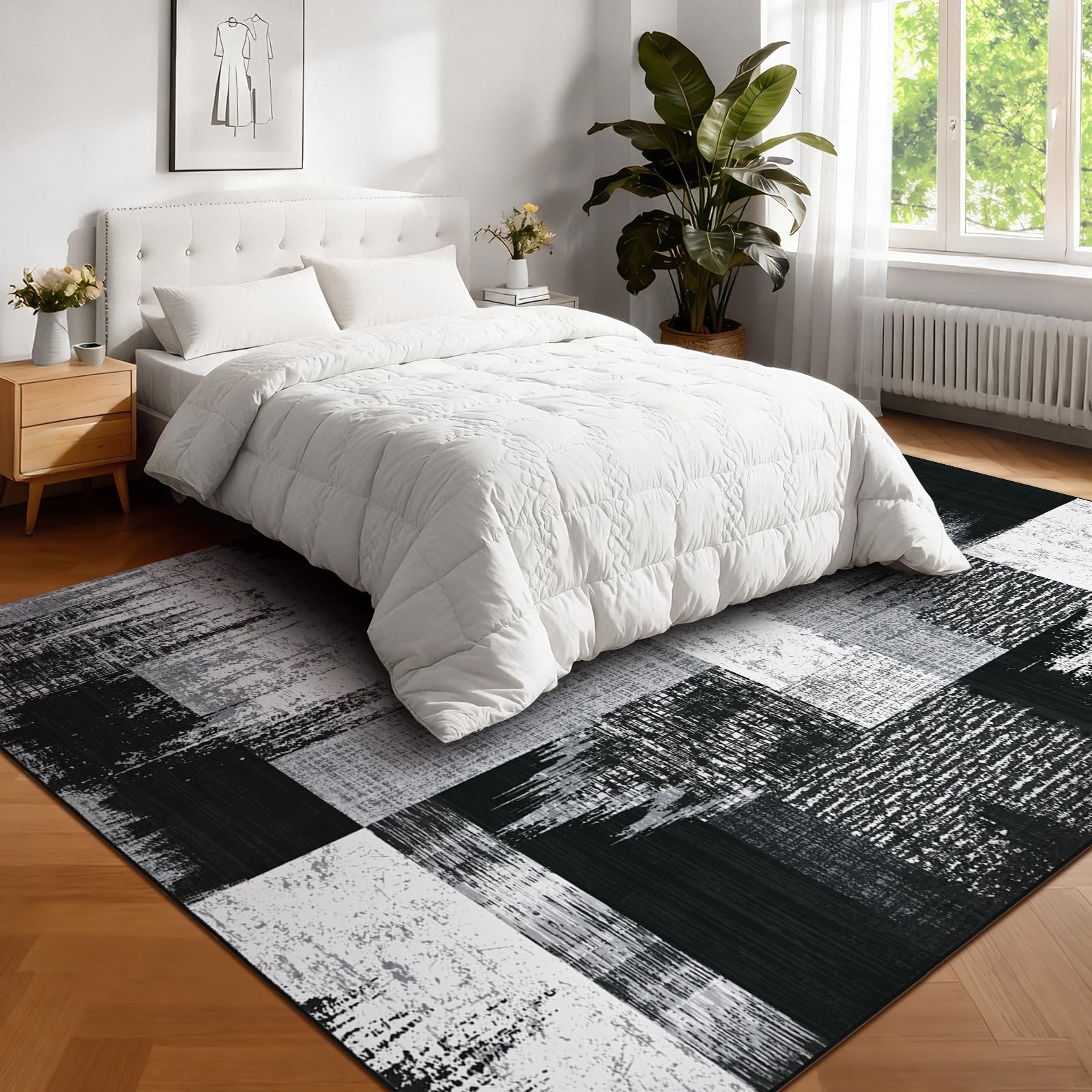 Alishomtll Tapis moderne géométrique noir gris 160 x 230 cm | Tapis de cuisine antidérapant à poils courts - Doux et lavable - Pour salon, chambre à coucher, bureau, entrée
