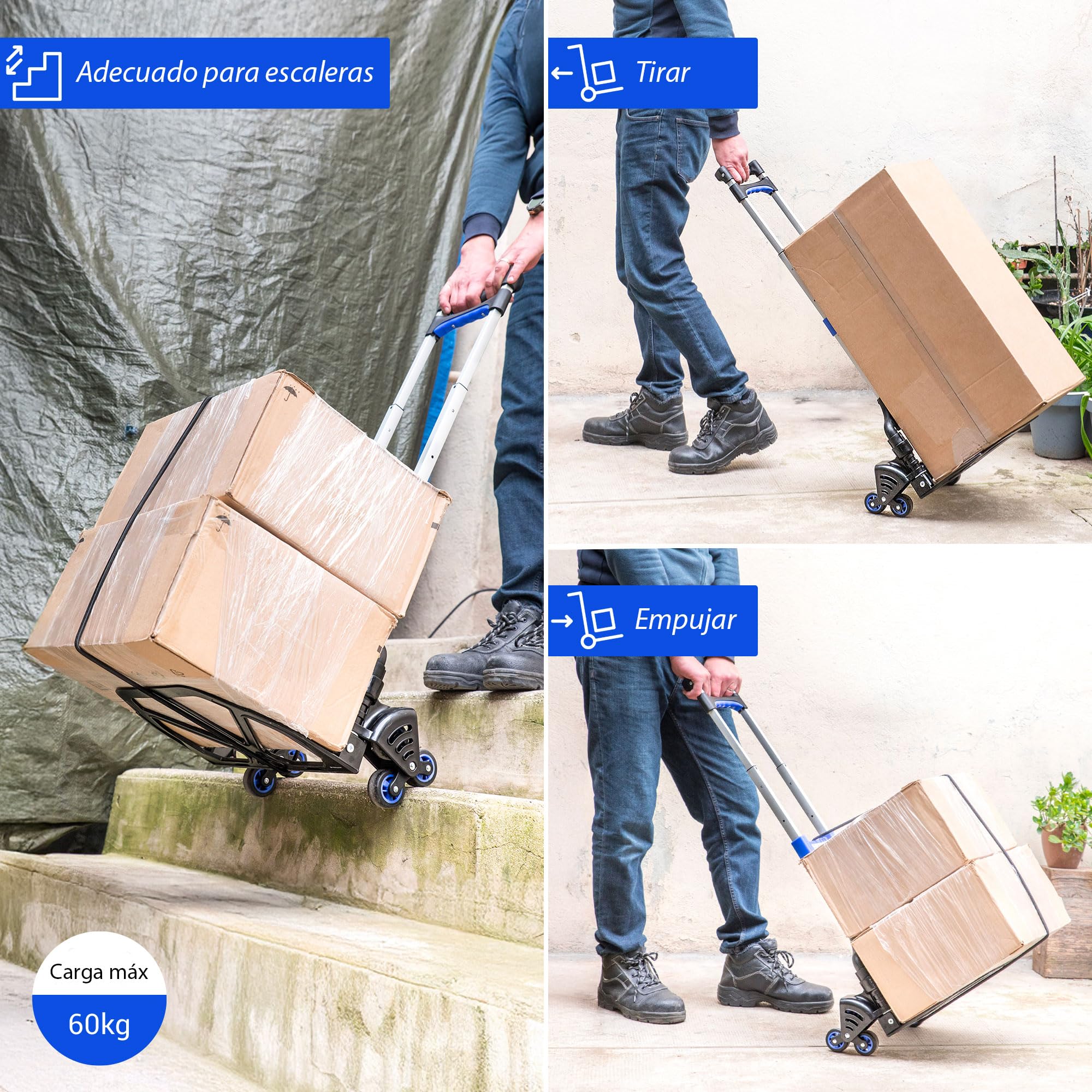 HOSTRÖM Carro Plegable para escaleras de Aluminio, 3 Ruedas, Carro de Transporte y mudanza Compacto, Carga máx. 60 kg, garantía 5 años.