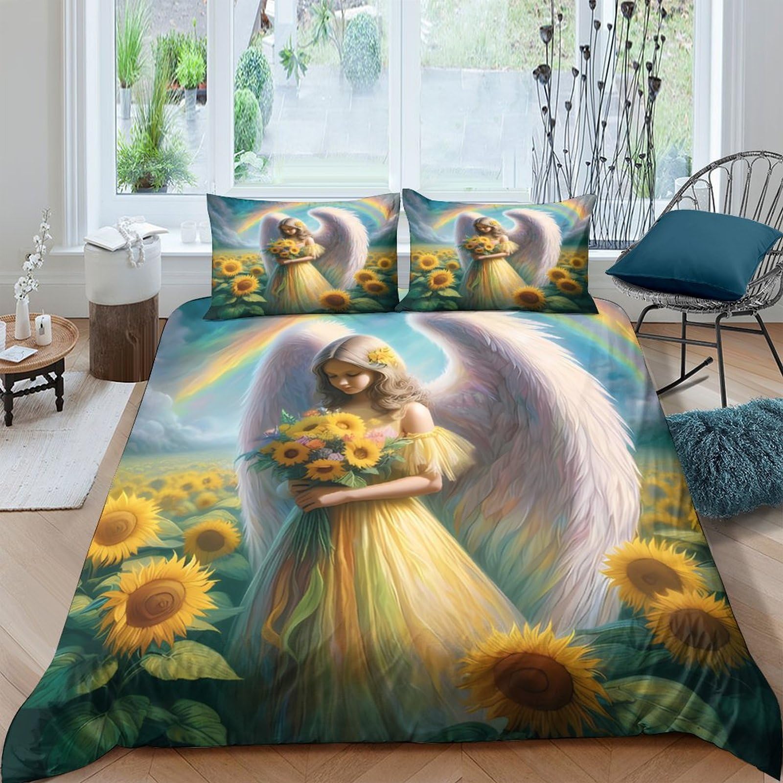 Ctjqhvkz Style-10 3D Printed Angel Sunflower Fitted Sheet Microfiber Soft Bed Cover For Bedroom Dorm Decorative Mattress Protection Single（135X200cm）