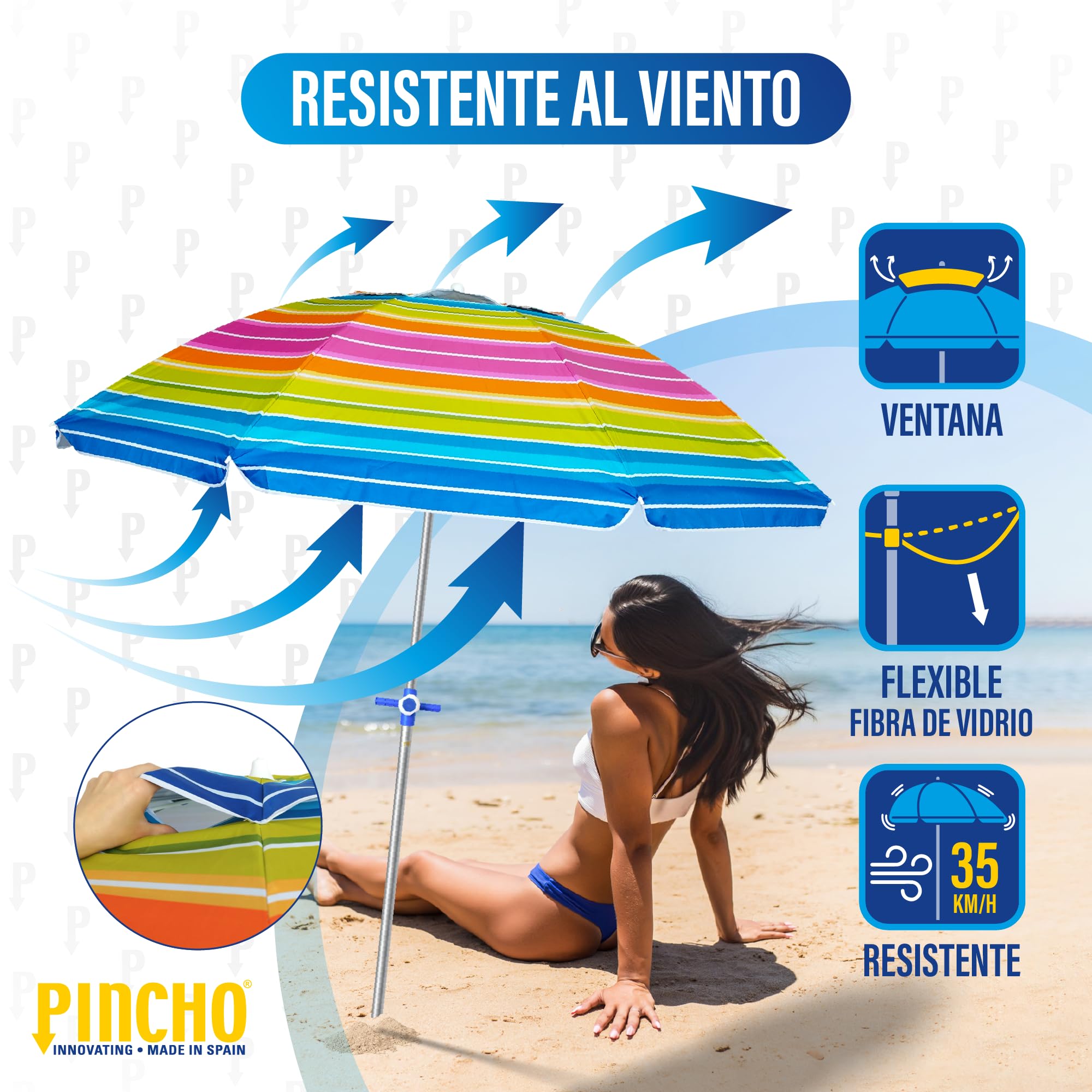Pincho Grand parasol de plage 200 cm, anti-vent jusqu'à 35 km/h, aluminium, 8 + 8 baleines en fibre de verre, poids 1,6 kg