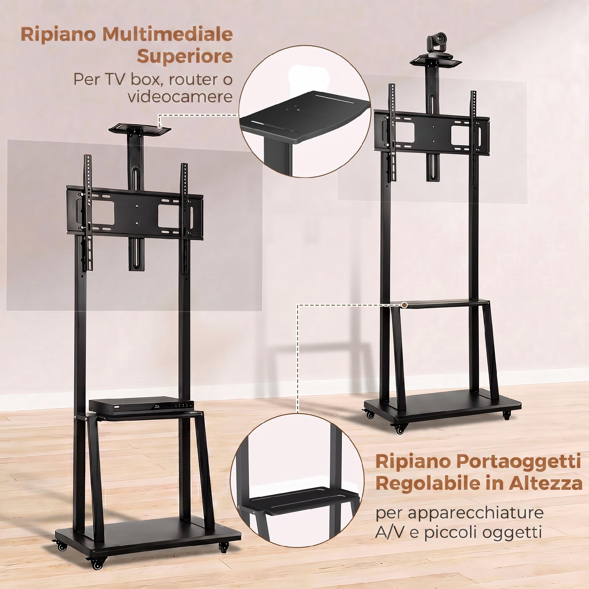 HOMCOM Supporto TV da Pavimento da 32-75 Pollici Max VESA 400x600 mm Nero | Carrello Porta TV, Altezza Regolabile, Ruote a Freno, Ripiano Multimediale, per Schermi LCD/LED/OLED, Carico Max. 50 kg