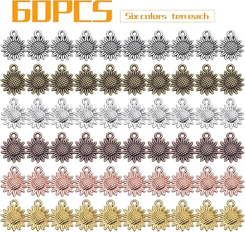 Miniatura 9 de Aylifu 50 dijes vintage de girasol, suministros de flores de aleación, para hacer joyas, 10 estilos