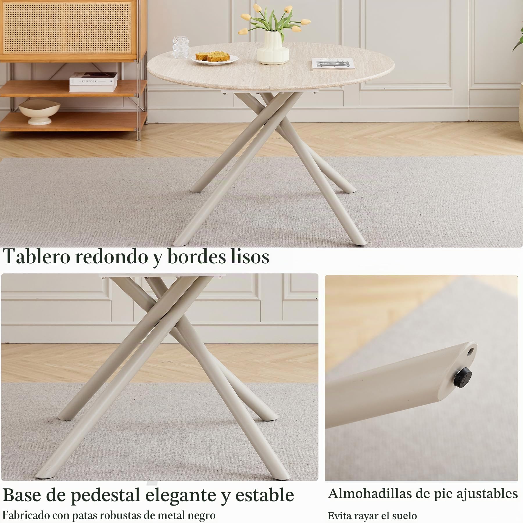 Conjunto de Comedor, Mesa Redonda de Madera de 115 x 115 x 73 cm, con 4 Sillas de Cocina Tapizadas con Respaldo de Lino y Patas de Metal (Mesa Gris Claro + Sillas Beige)