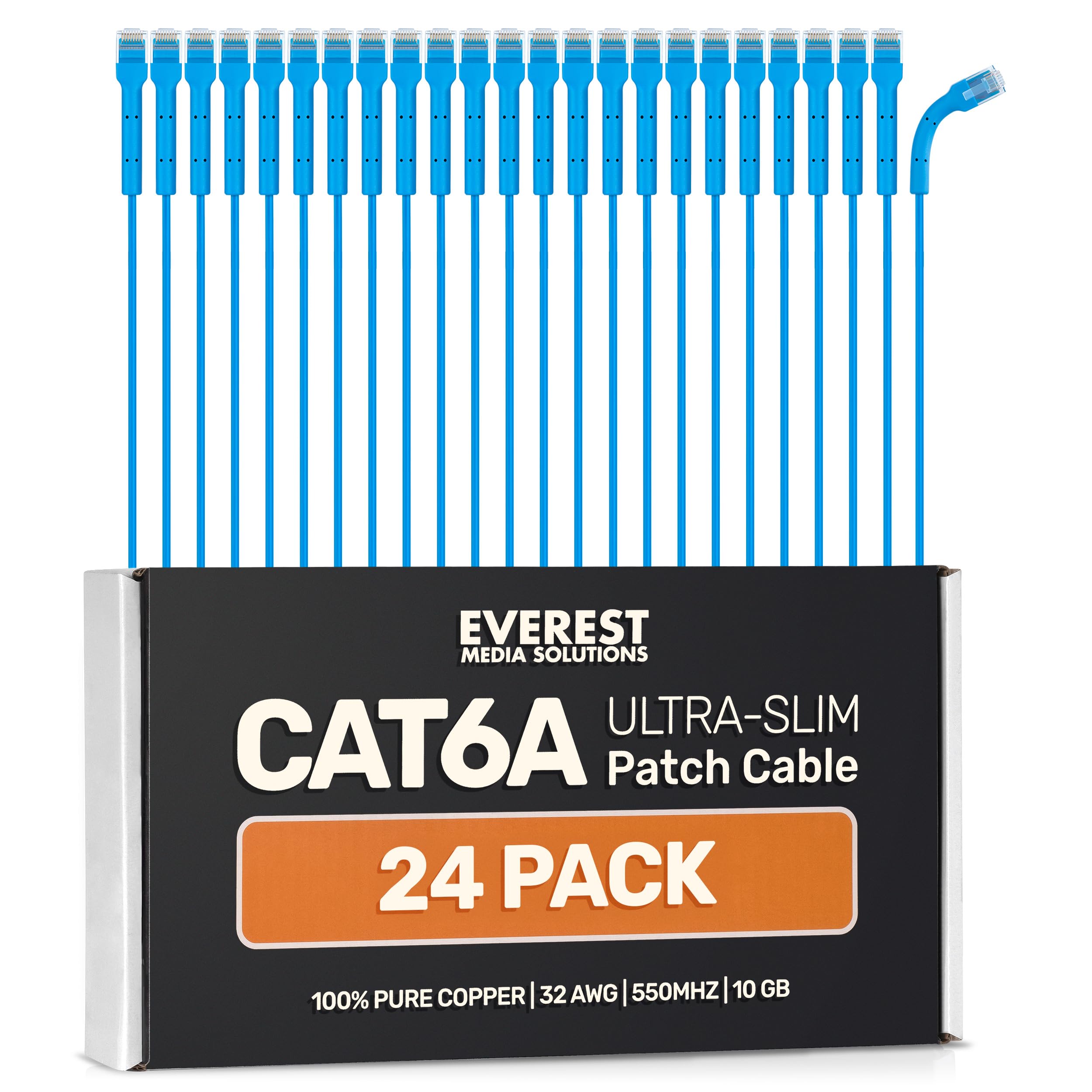 Everest Ultra Slim Cat6a Ethernet Patch Cables 7ft (24-Pack) Blue - 10GB Cat 6a Patch Cable - Bendable, Flexible & Thin Ethernet Cable - Space Saving