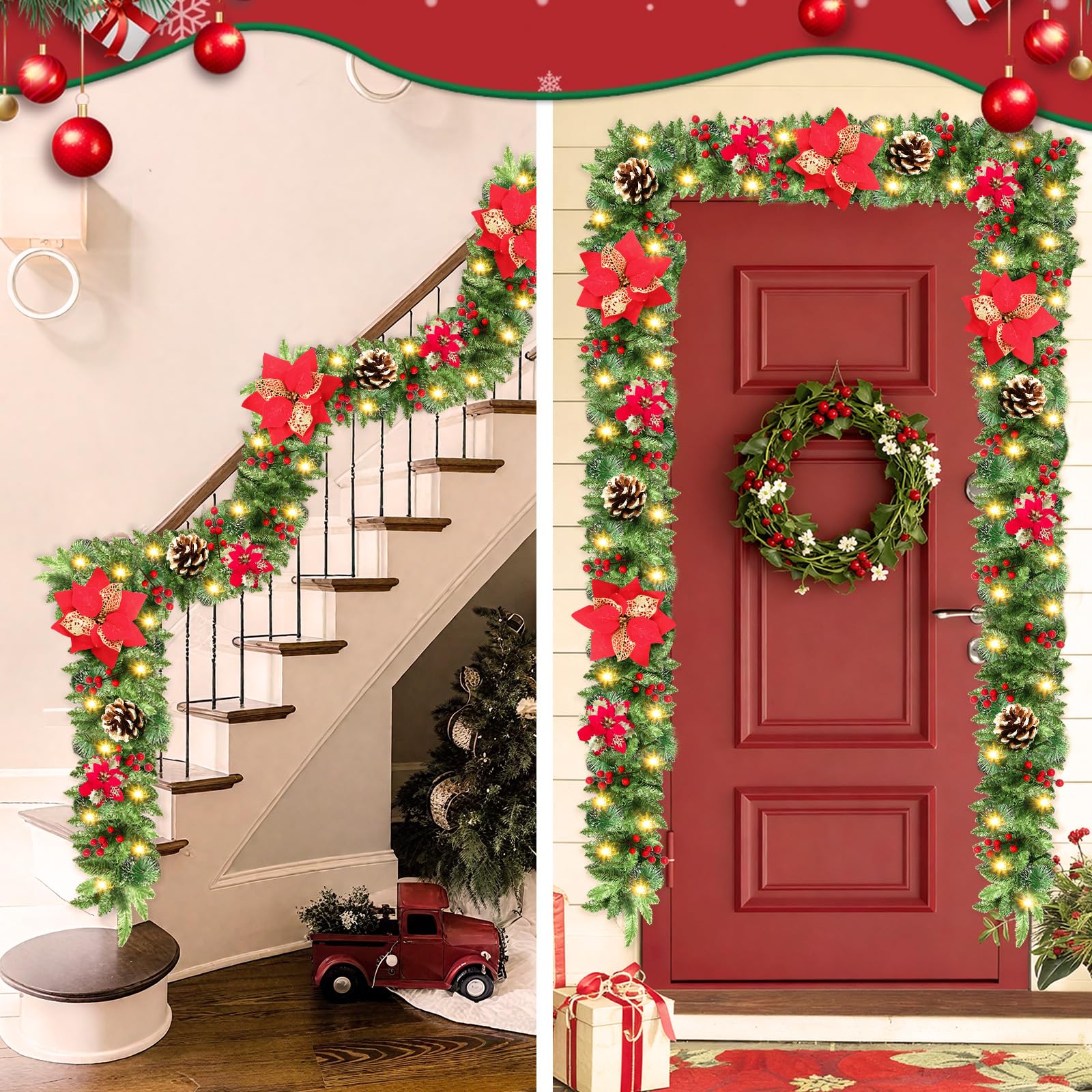 JTSIOV Ghirlanda Natalizia, 2,7 Metri con 30 LED, a Batteria, Impermeabile IP65, con Timer, per Interni ed Esterni, Ideale per Scale, Caminetto e Porta d'Ingresso