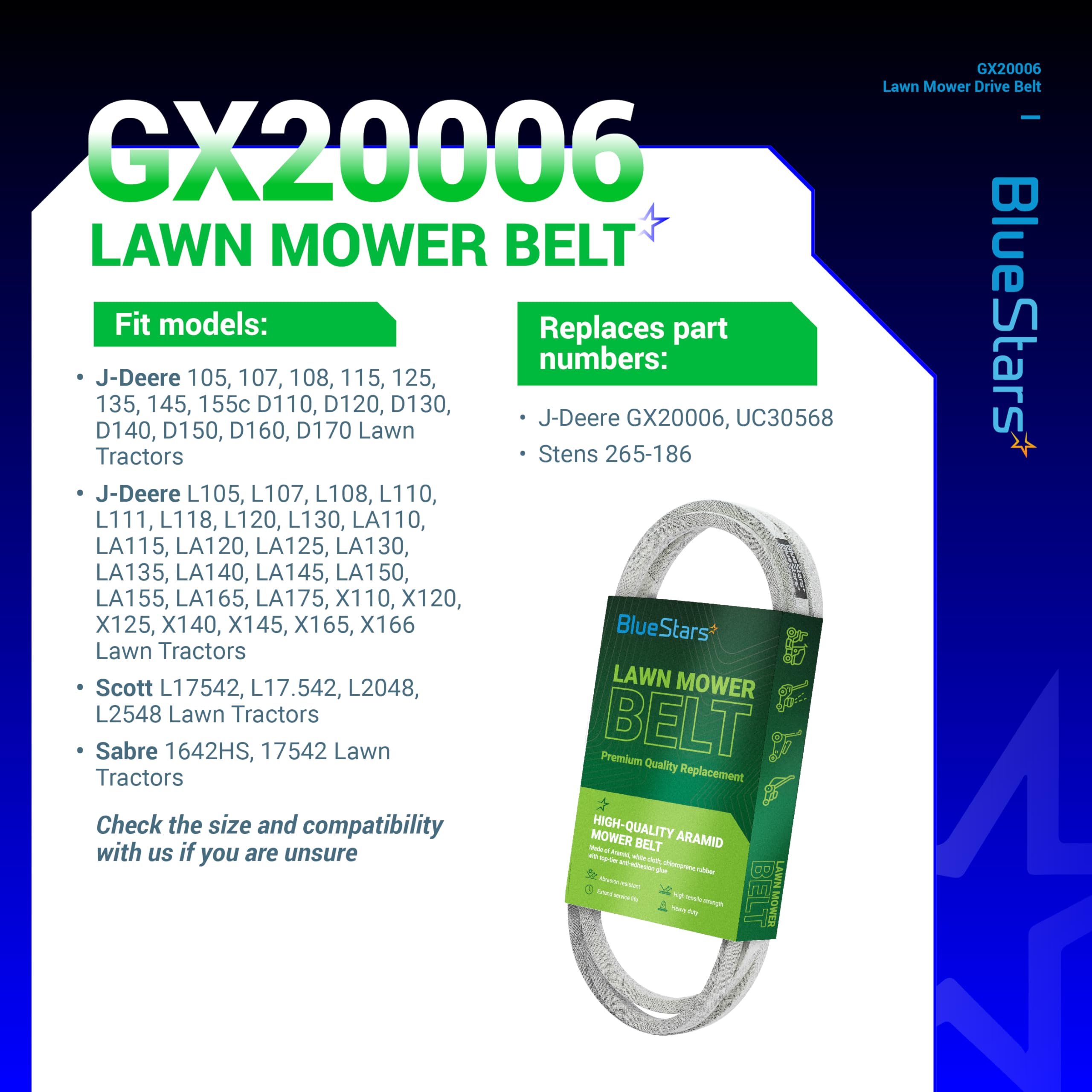 BlueStars Cinghia di trasmissione per tosaerba GX20006 UC30568, per John Deere 105 115 125 135 145 D110 D120 D125 D130 D140 D150 D155 D160 D170 L105 L105 07 L1 Tosaerba 08 L110 L111 L118 L120 L130 |