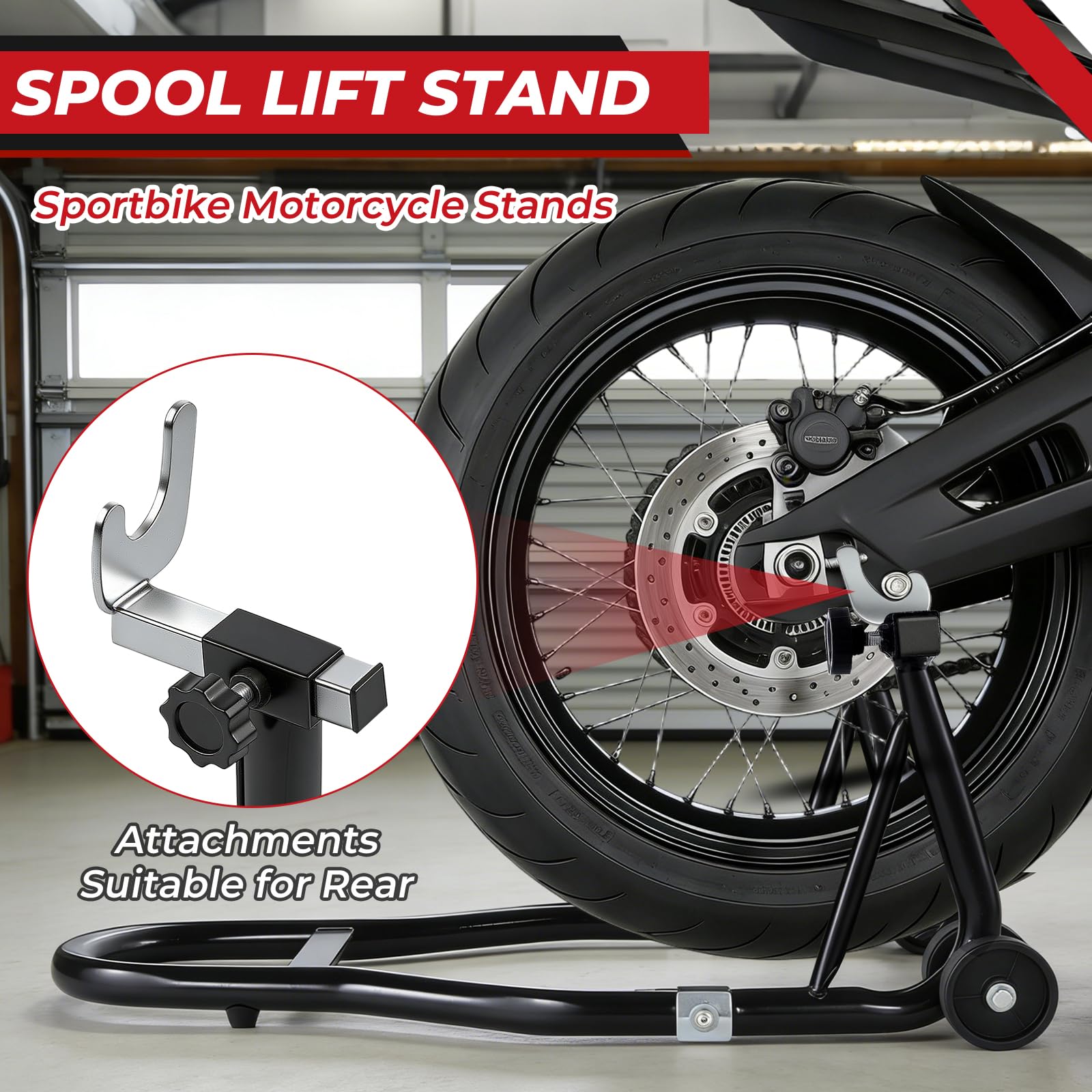 Motorcycle Rear Paddock Stand Adapter U-Shape Swingarm Spool Lift Attachment, Heavy Duty Rear Stand Hooks for Sport Bike Rear Wheel — view 2