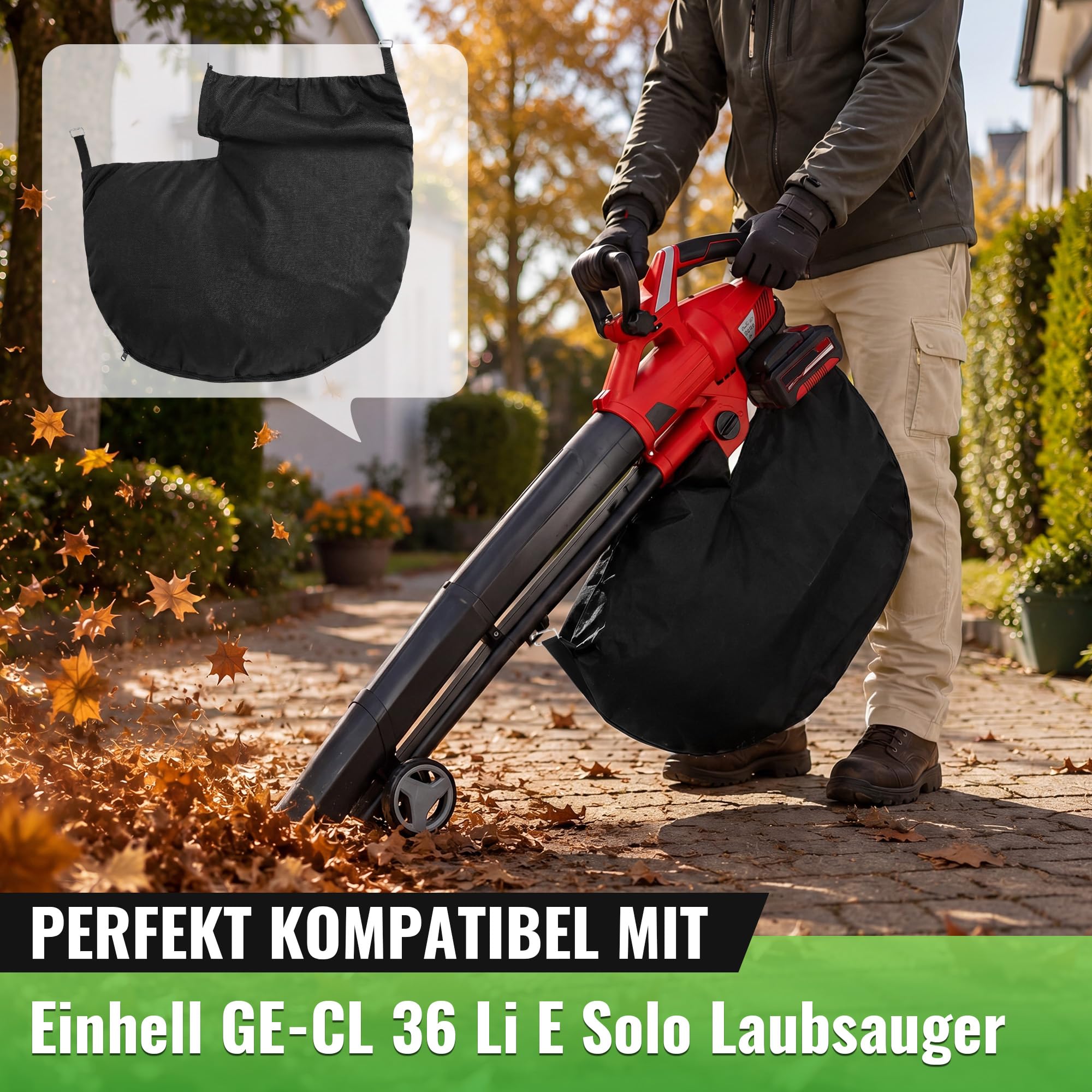 Enhon Fangsack Ersatzfangsack für Laubsauger, kompatibel mit Einhell GE-CL 36 Li E-Solo, Laubsaugerbeutel Laubsack mit eckigem Anschluss, Vliesstoff, Reißverschluss für Gartenabfälle, 10 Kabelbinder