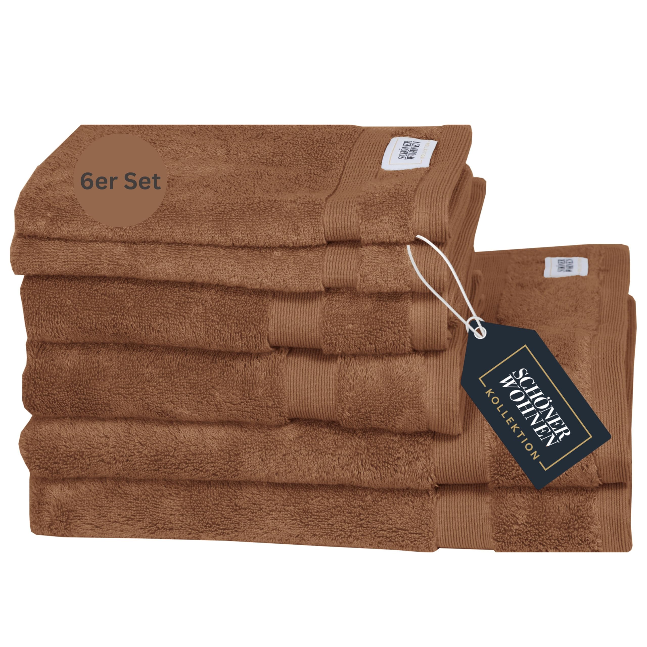 SCHÖNER WOHNEN Frottee Handtücher Set Braun 6teilig - 100% Baumwolle - Handtuch Set flauschig weich - saugstark - besteht aus 2 Duschtuch + 2 Handtücher + 2 Gästetücher - Frottiertücher Öko-Tex