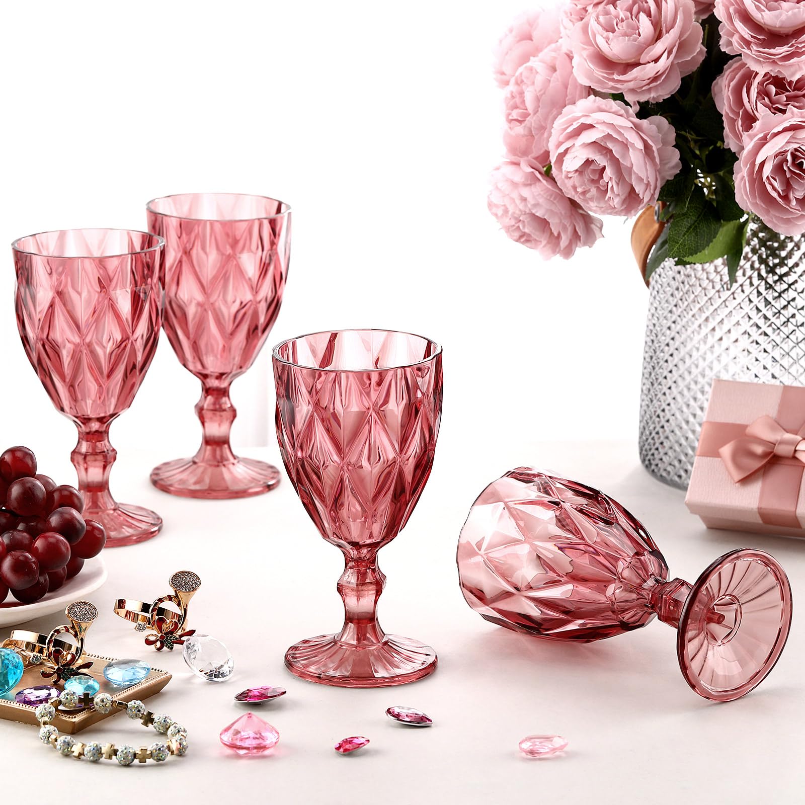 Tioncy 12 copas de vino de plástico vintage copas de agua irrompibles de 11 onzas, copas de vino reutilizables a granel, copa de champán para boda, recepción, ducha, bar, cumpleaños (rosa rosa)