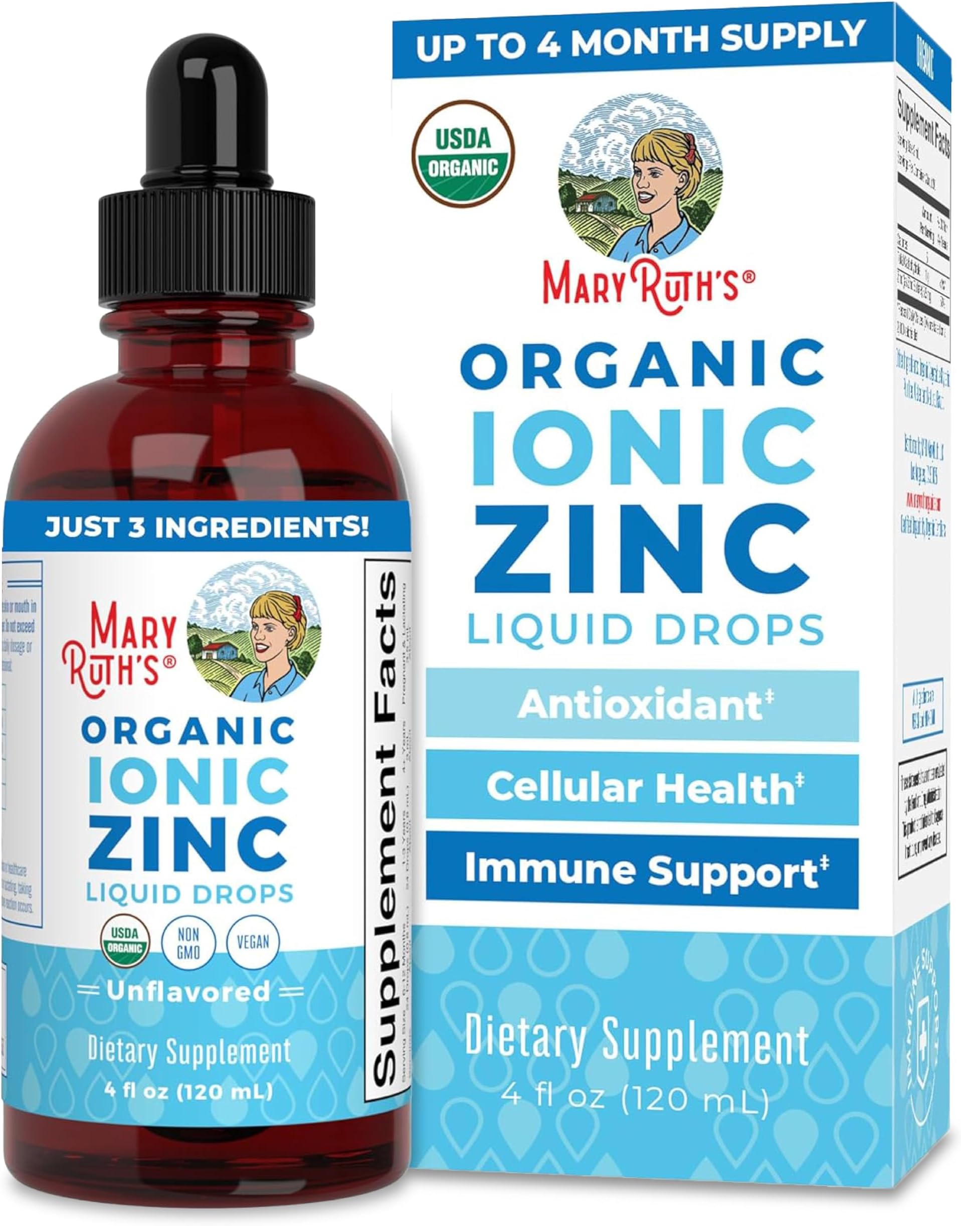MaryRuth Organic, Liquid Ionic Zinc, Zinc Drops, Dietary Supplement, Unflavored, 120ml, Vegan, Gluten-Free, Soy-Free