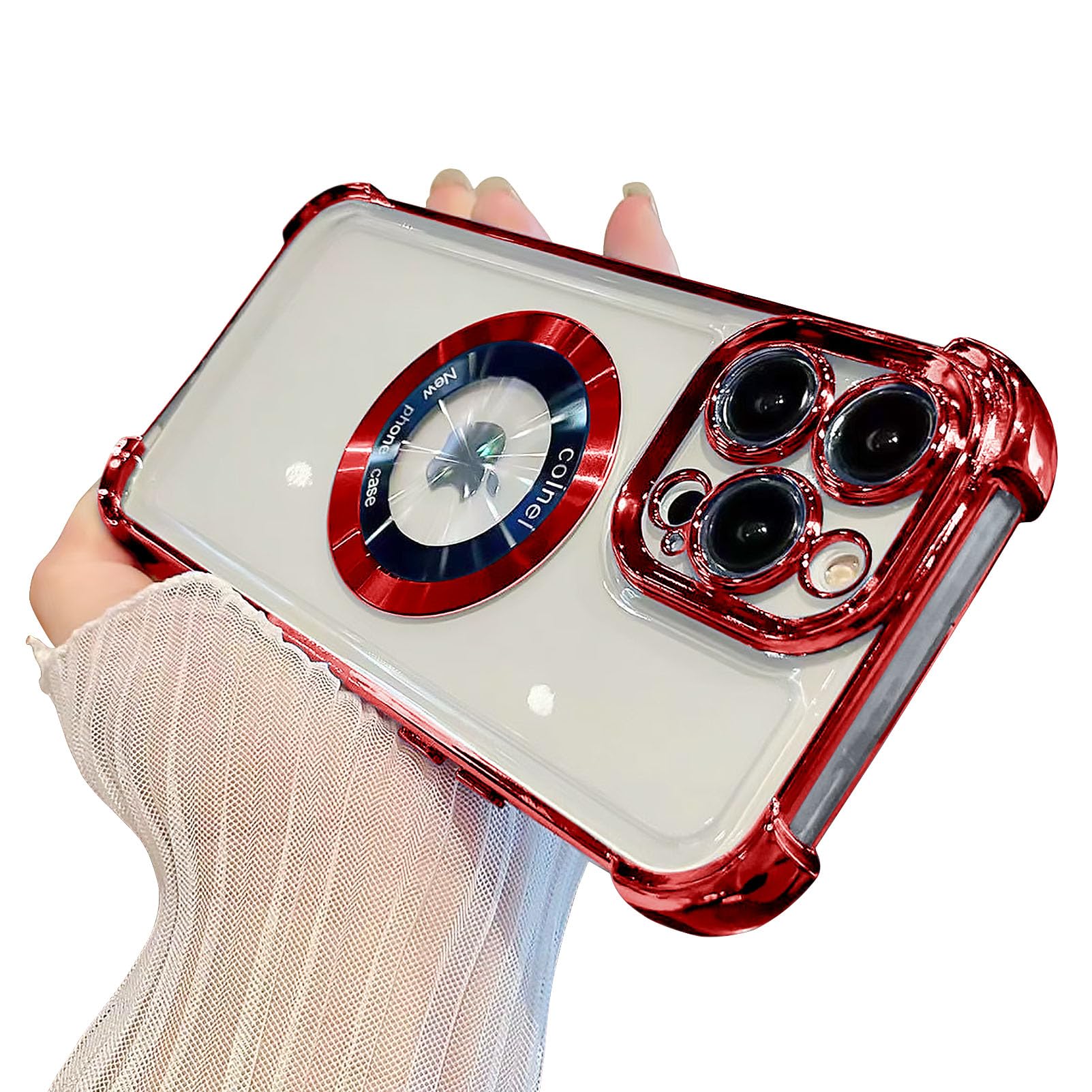 for iPhone 15 Pro Max Magnetic Transparent Case,Luxury Bling Four Corners Shockproof Military-Grade Protection with Camera Lens Protector MagSafe Clear Plating Cover for Women Men-Red