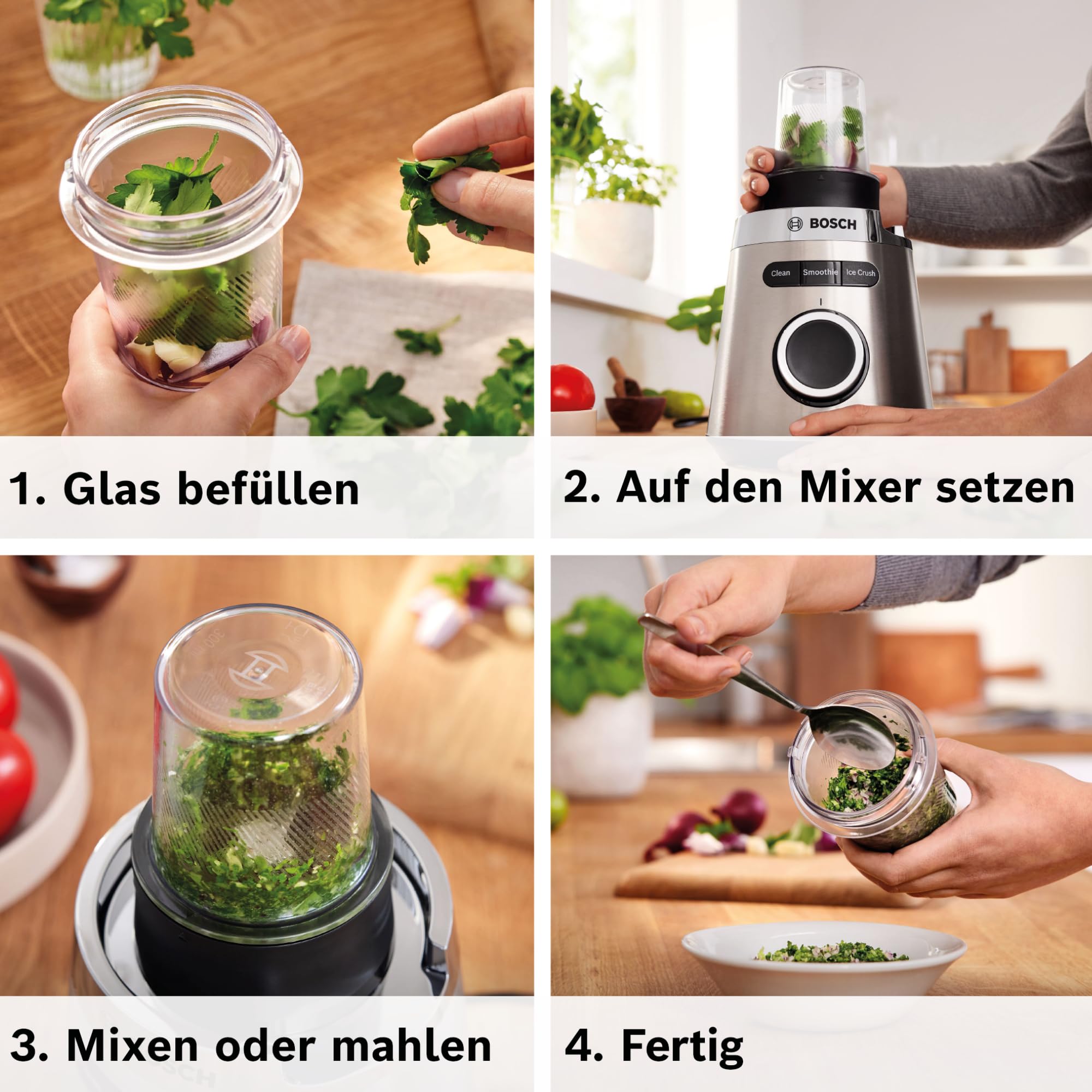 Bosch Standmixer, Smoothie Maker, 30,000 U/min, 1200 W, Edelstahl-Messer, 1,5l ThermoSafe Glasbehälter, 0,6l ToGo-Flasche, Zerkleinerer, Made in Europe, VitaPower Serie 4 MMB6177S