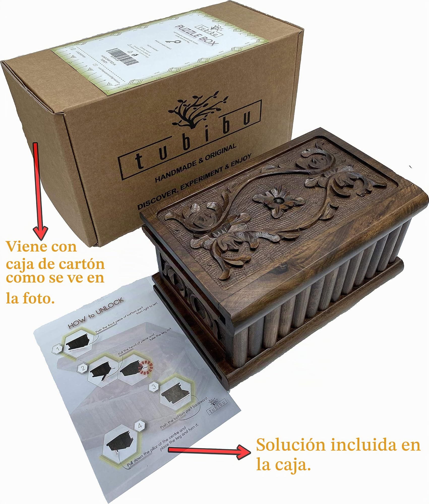 Caja mágica secreta hecha a mano con llave oculta, 25 cm x 15 cm x 12 cm