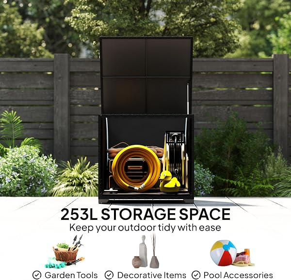 Outsunny 253L Garden Storage Box, Rattan Deck Box with Waterproof Zipped Liner, Safe Pneumatic Rod, Patio Rattan Storage Container for Backyard Gardening Tools, Black - 3