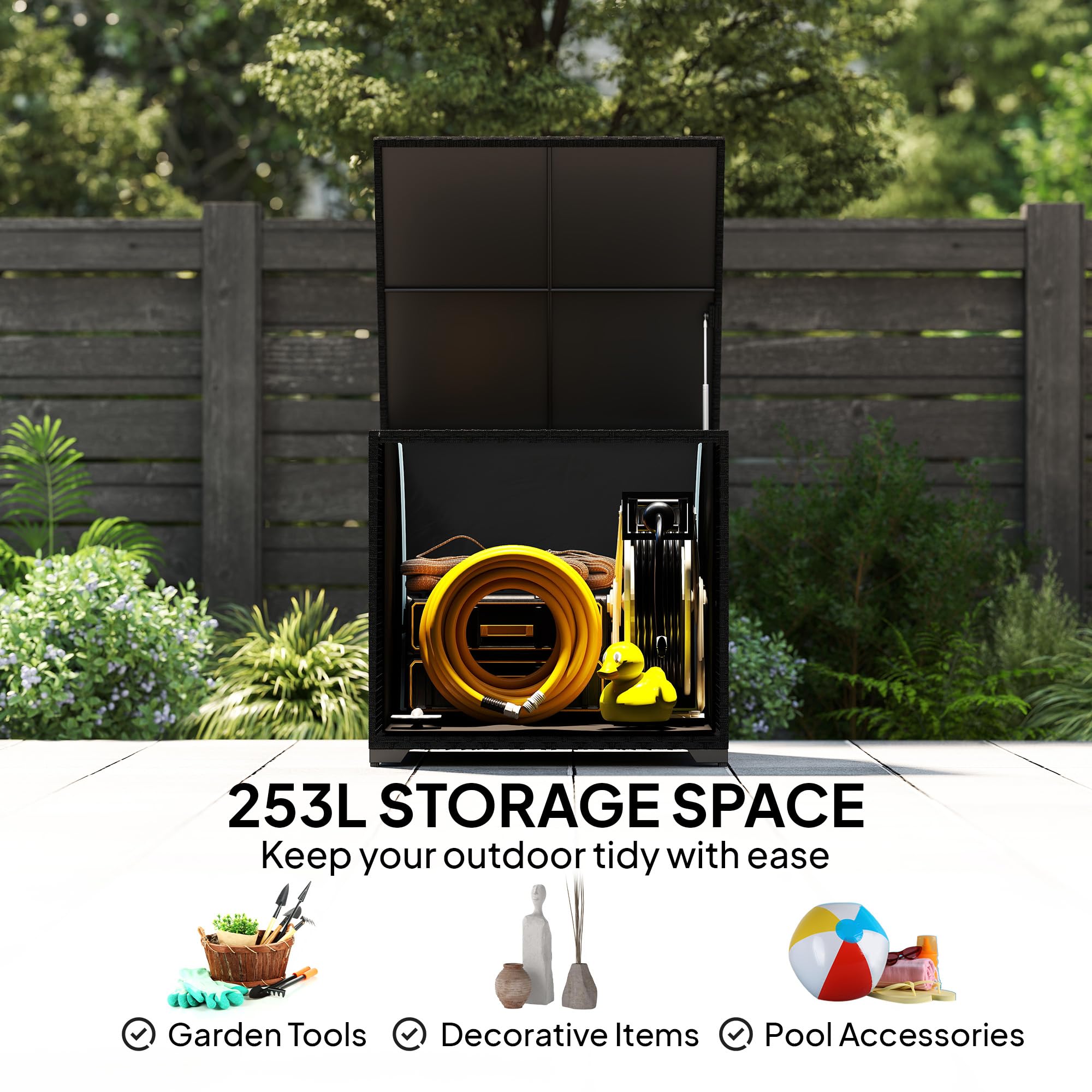 Outsunny 253L Garden Storage Box, Rattan Deck Box with Waterproof Zipped Liner, Safe Pneumatic Rod, Patio Rattan Storage Container for Backyard Gardening Tools, Black — view 3