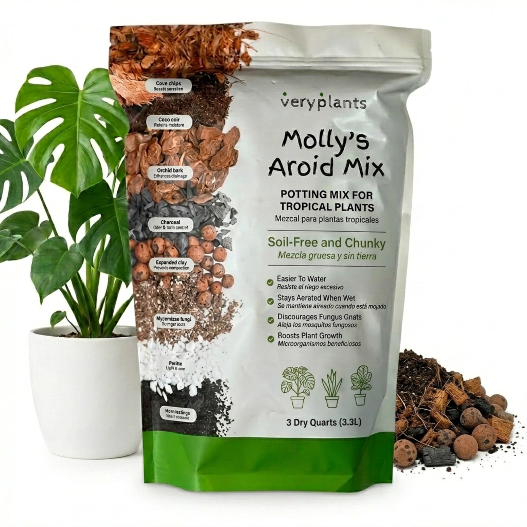 Molly's Aroid Potting Mix, Chunky Soil-Free for Indoor Plants, 3 Dry Quarts