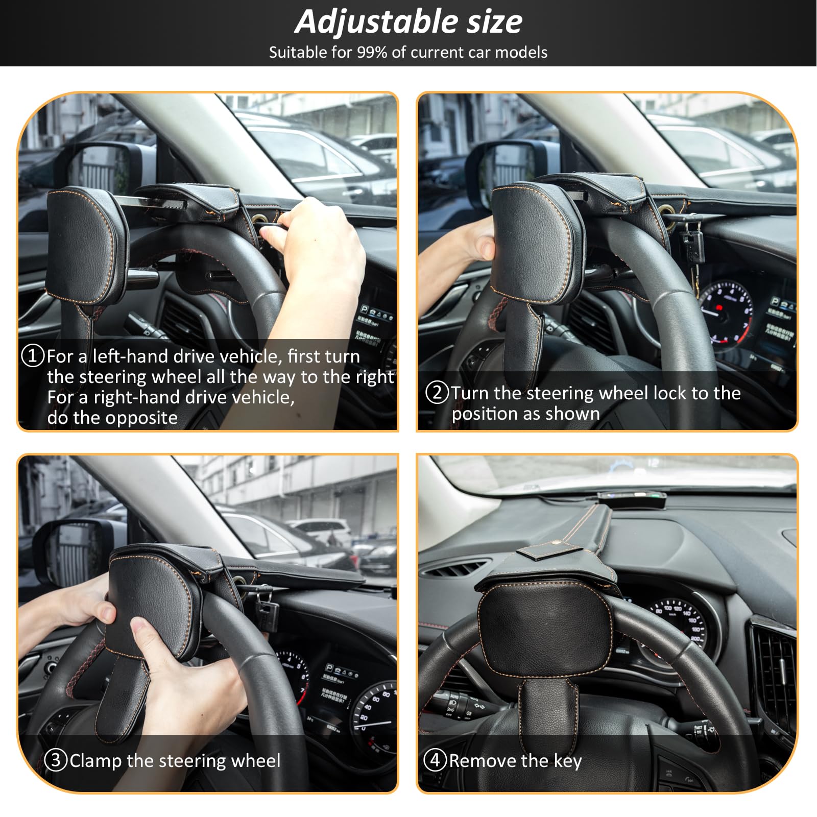 Catekro Antivol Voiture, Antivol Volant Réglable avec 2 Clés, Cuir Noir | Bloque Volant Universel pour Voiture, Camion, SUV, Bus, Protection Vol Direction Robuste et Résistant