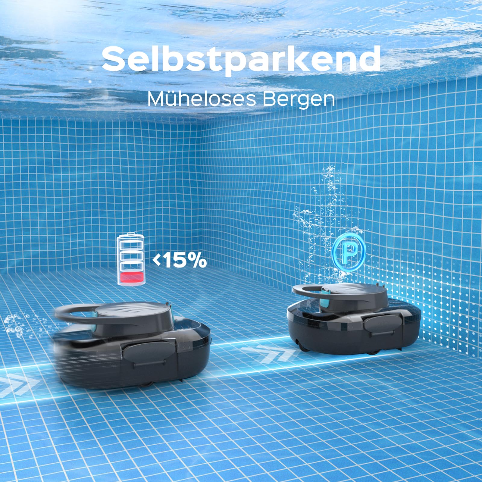 (2026 Upgrade) S1PRO Poolroboter, 120 Min Automatische Reinigung, Dual Motoren Poolreiniger Selbsteinpark mit 2,5H Ladezeit Poolsauger Akku für Flache Böden Pools bis 100 m², transparentes grau