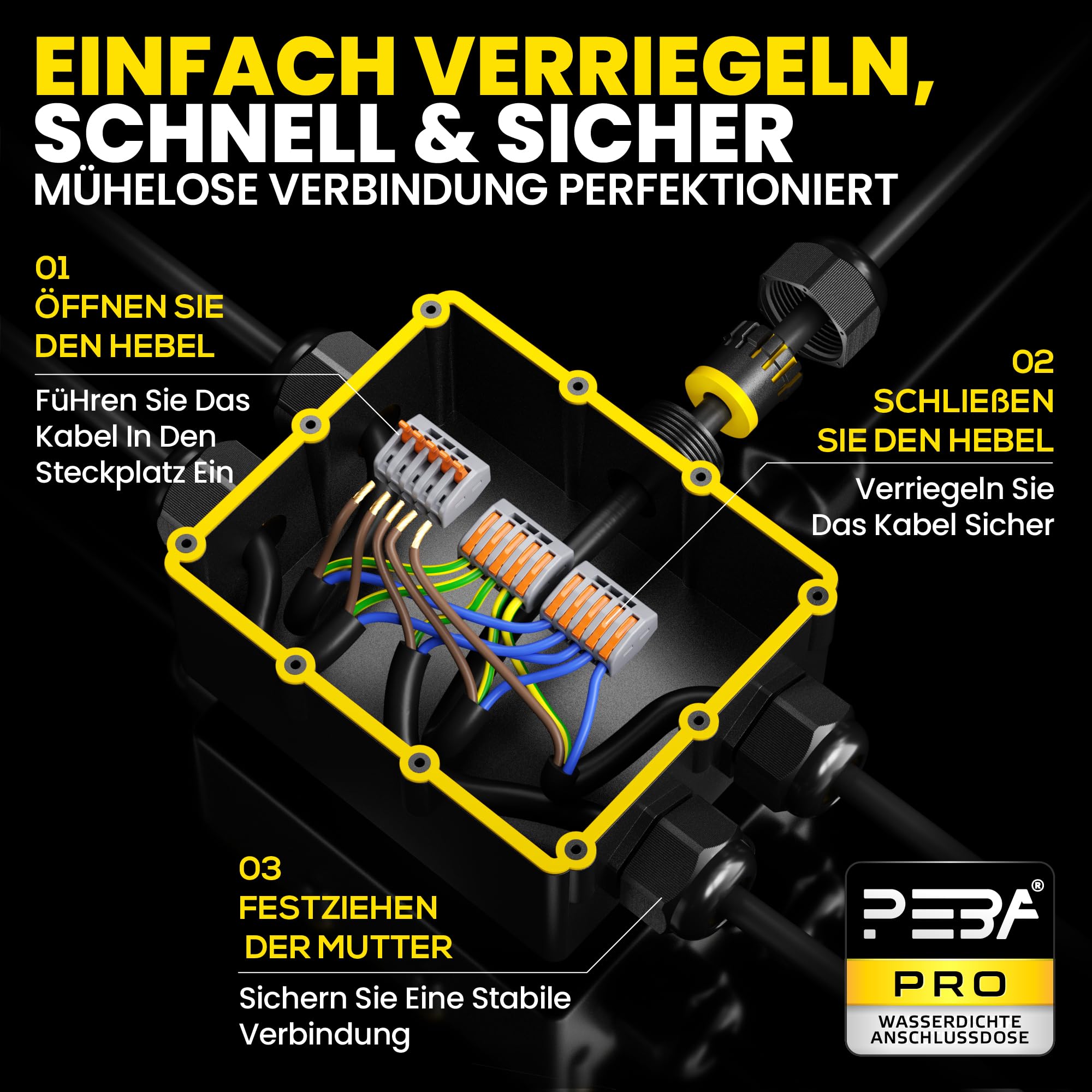 PEBA Kabelverbinder IP68 5-polig Abzweigdosen Verbindungsbox Verbindungsmuffe mit, für 4-14mm Kabel, für Garten Outdoor | Freienwasserdicht, 4 Stück Schwarz
