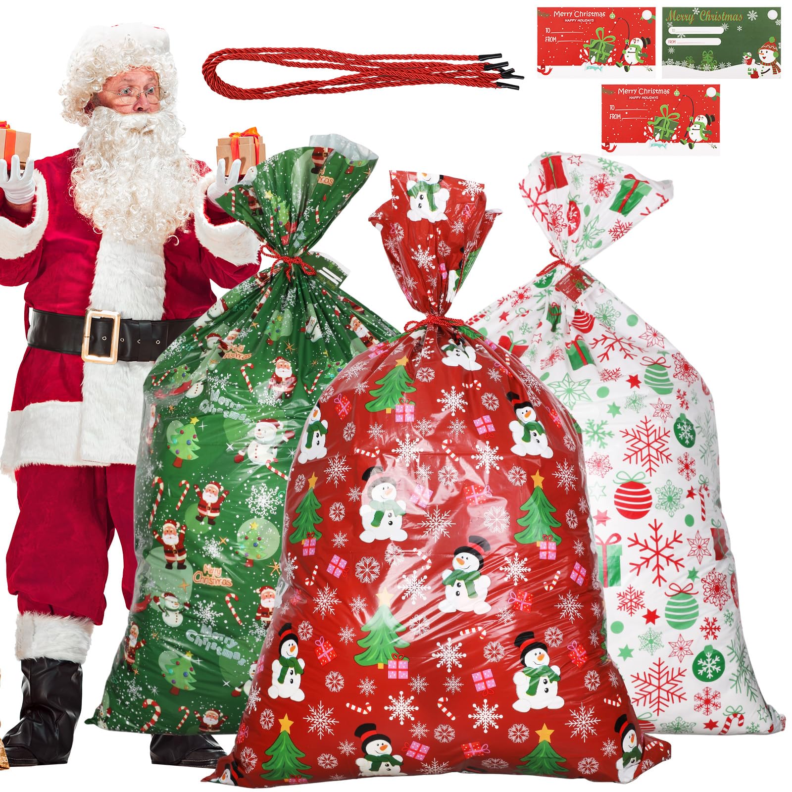 Jumbo Christmas Sacks 56 * 36'', 3 PCS Extra Large Christmas Giant Gift Bags, Xmas Huge Wrapping Sacks for Oversized Gifts Giant Gift Bag for Presents with Xmas Greeting Tags, Red Strings