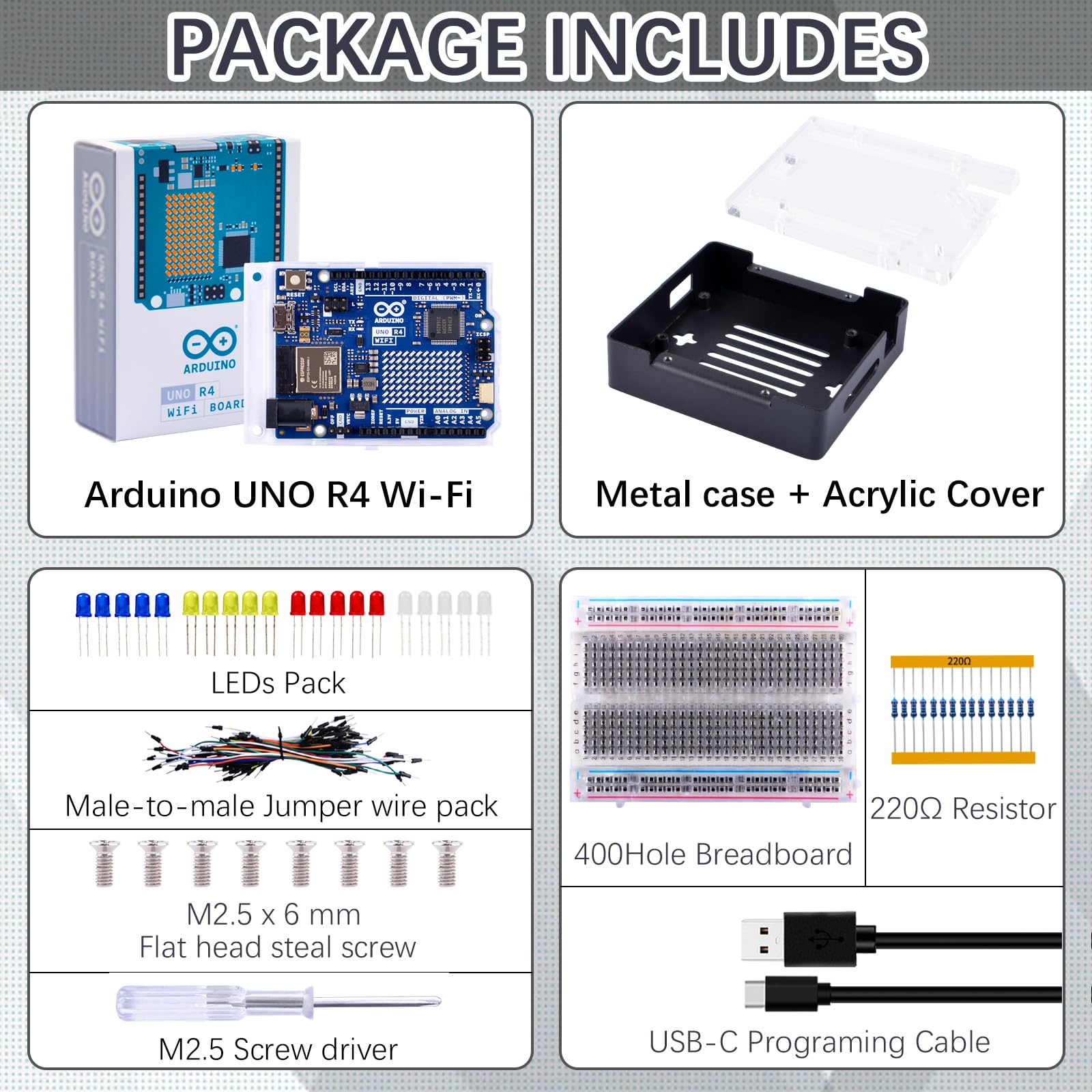 GeeekPi Student Starter Kit per Arduino UNO R4 WiFi con scheda WiFi ufficiale UNO R4, custodia in metallo con copertura acrilica trasparente, scheda di prova a 400 fori, cavo USB-C