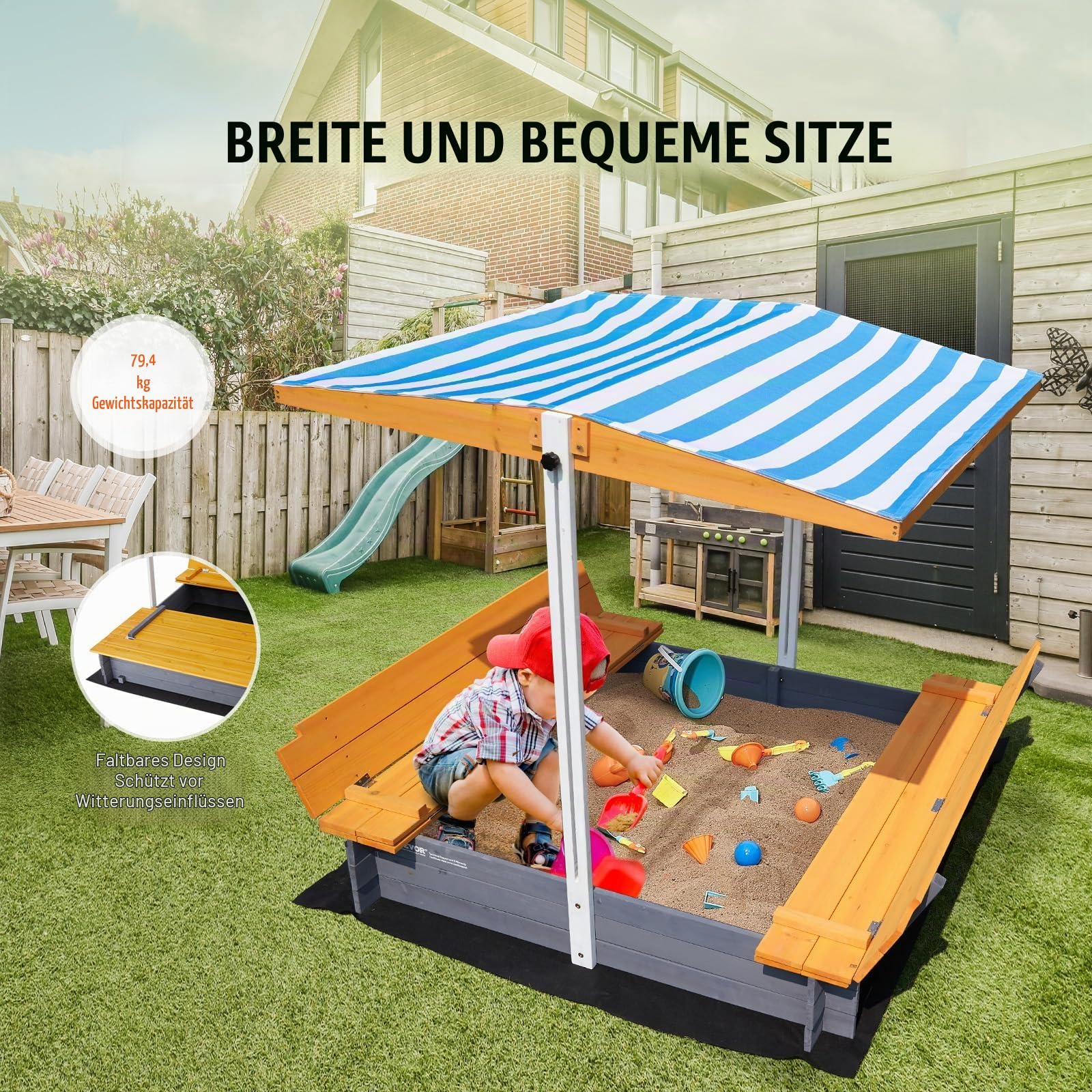VEVOR Holzsandkasten mit Überdachung, Sandkasten, Sandgrube mit klappbaren Sitzbänken und Bodeneinlage, Naturholz-Sandkasten für Kinder für den Garten, Geschenk für Kinder im Alter von 3–12 Jahren