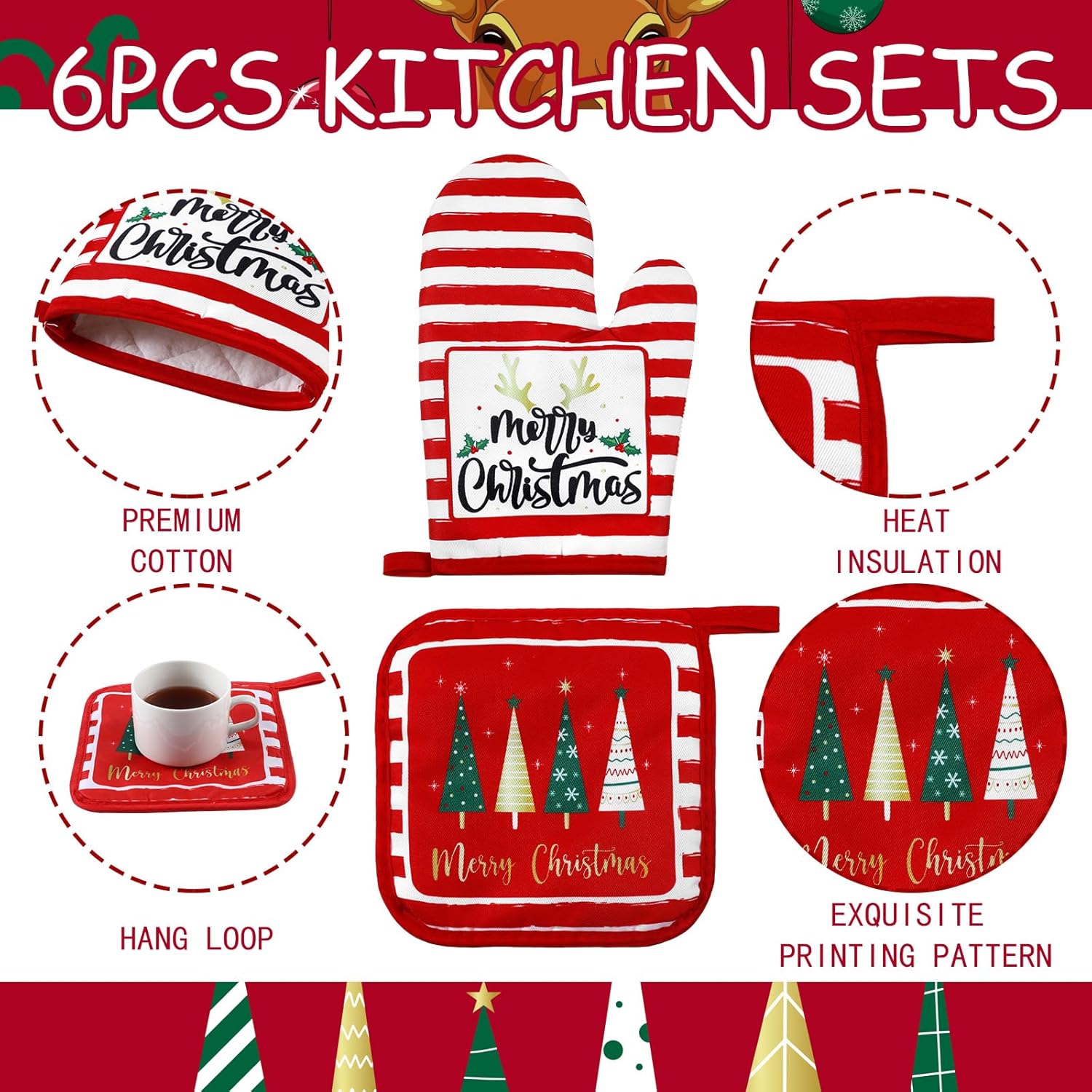 Bencailor 6 Pcs Christmas Kitchen Towel Oven Mitts and Pot Holders Set Xmas Theme Dish Towels Heat Resistant Oven Gloves for Xmas Kitchen Cooking Baking Grilling(Christmas Star Theme) - Image 5