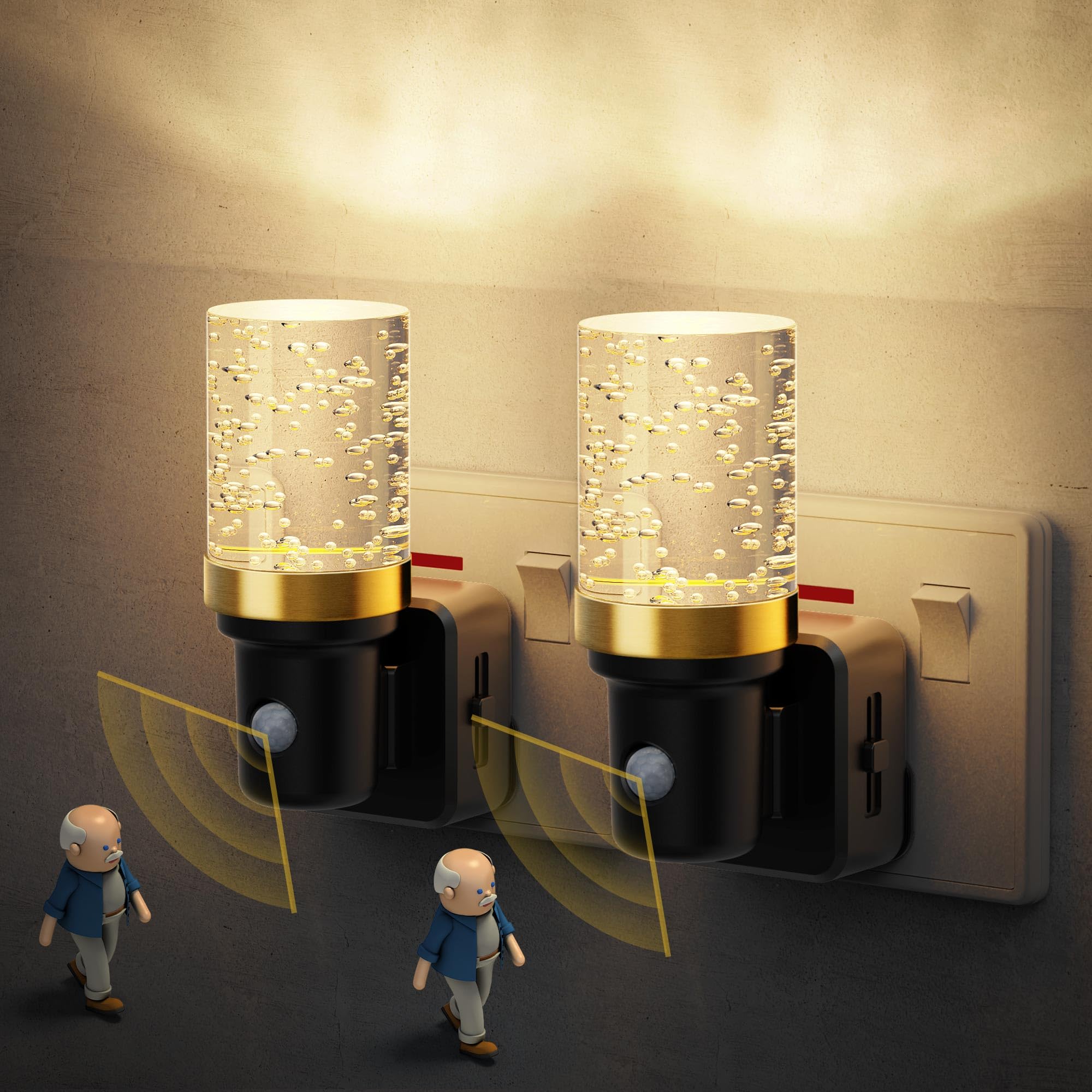 JandCase Night Light Motion Sensor, 0-100LM Dimmable, ON/Off/AUTO, Motion Sensor Lights Indoor 3000K Warm White, Low Energy Plug in Night Light Kids for Hallway, Bedroom, Stairway, Bathroom, 2 Pack — image 1