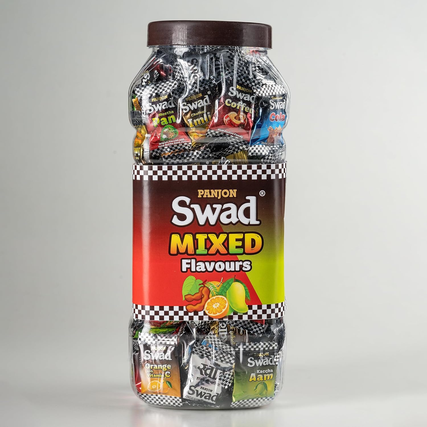 Swad Mixed Flavours Chatpati Goli Candy Jar – 150 Hard Candies with Kaccha Aam Imli Meetha Paan Cola Orange Coffee Original Flavors – Tangy Sweet Indian Candy, Childhood Favorite Treat