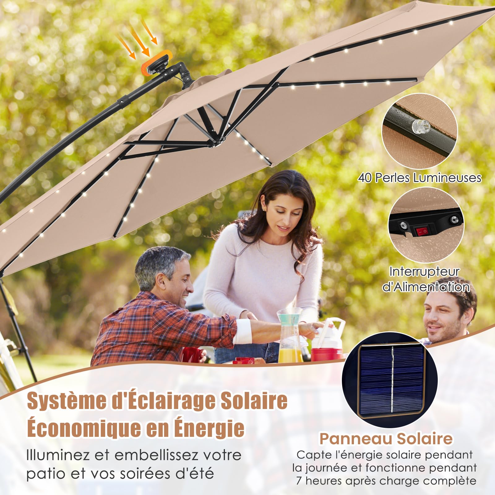 GOPLUS Parasol Déporté 3x3M, Grand Parasol de Jardin Extérieur avec 32 LED Solaires, 8 Baleines, Protection Solaire, Toile Inclinable, Rotatif à 360° pour Balon Patio Terrasse