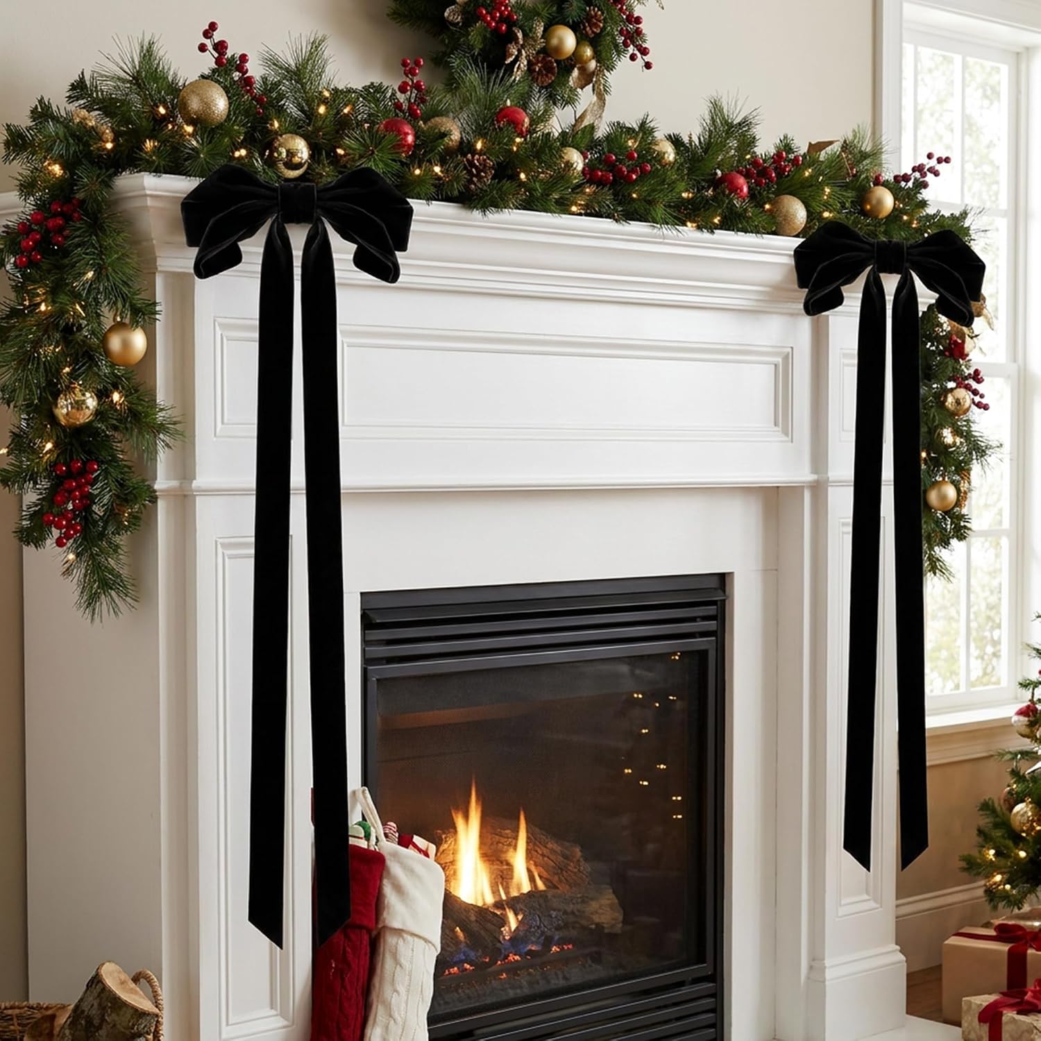 4Pcs 31.5"Large Velvet Christmas Swag Bows,Rustic Black Staircase Bow Decor
