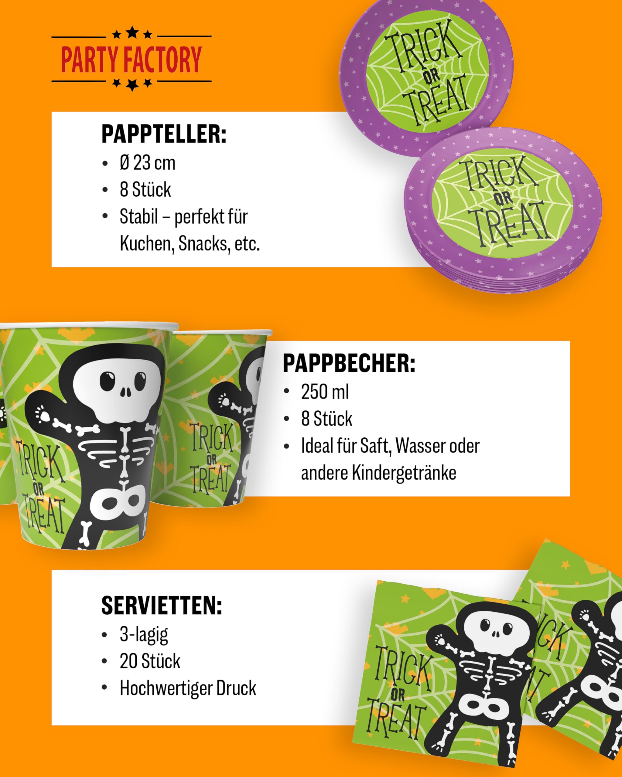 Party Factory – Halloween Partydeko Komplettset für Kinder - 57 tlg. Tischdeko Pappgeschirr mit Wimpelkette für Halloweenpartys & Mottopartys - Party Deko Bundle mit Tellern, Servietten etc.