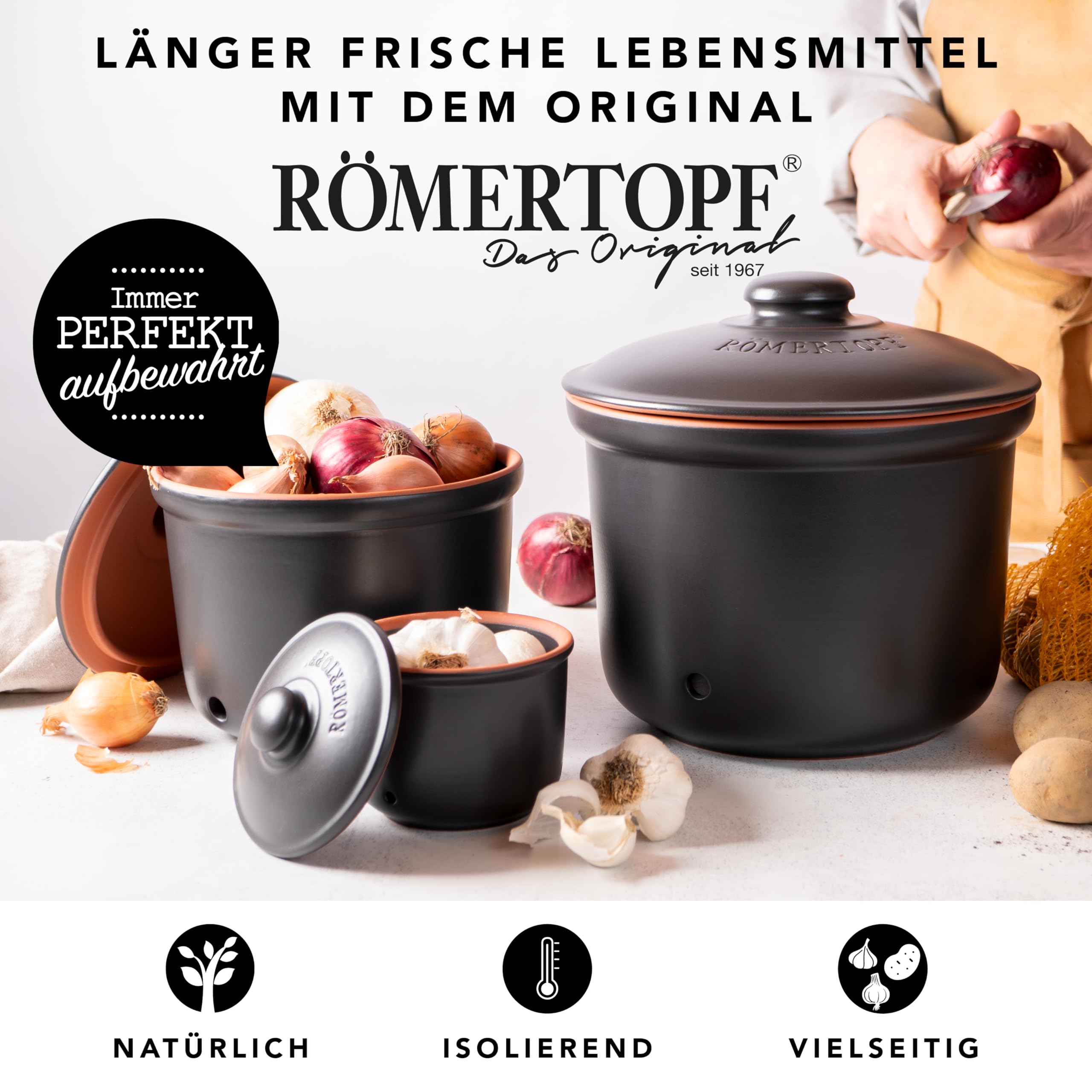 Römertopf Set 3 Contenitori Freschezza in Ceramica – Porta Aglio, Cipolle e Patate, Conservazione Naturale e Traspirante, Nero, tradizione dal 1967