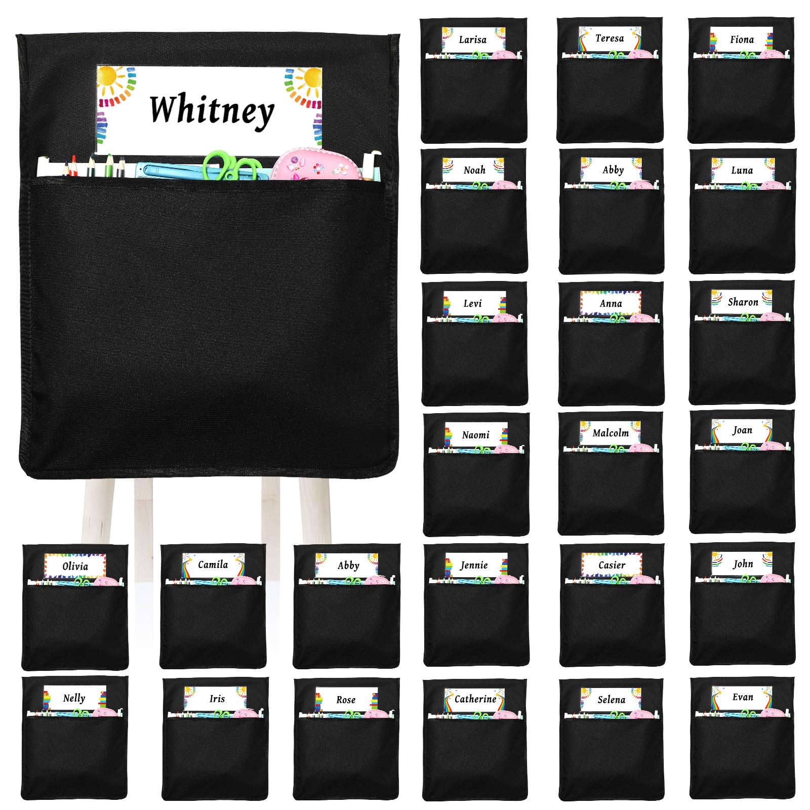 gisgfim 24 Pcs Chair Pockets for Classroom Large 19 x 17 inch Chairback Pocket Chart Chairs Seat Back Organizer with Name Tag for Kindergarten School Home Teacher Supplies(Black)