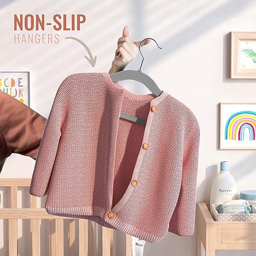 Miniatura 8 de Ganchos de ropa para bebés para armarios, muescas únicas para antideslizantes, perchas de terciopelo de alta resistencia para niños y niños pequeños