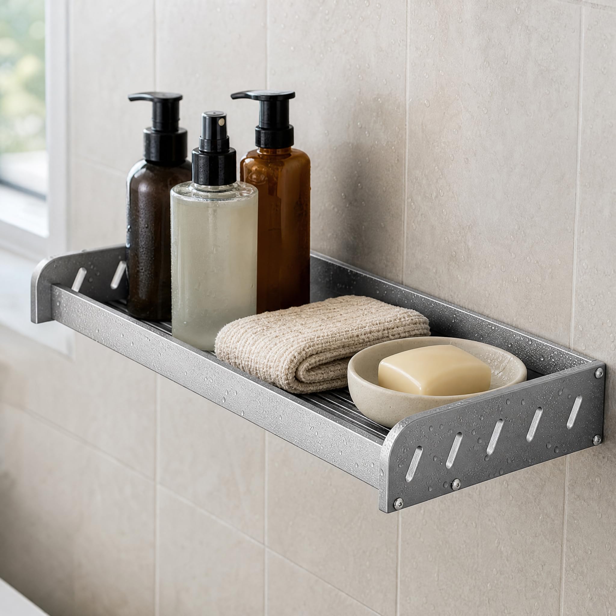 Badezimmerregal, montage ohne Bohren , Anthrazitgrau 50cm mit 8 Haken