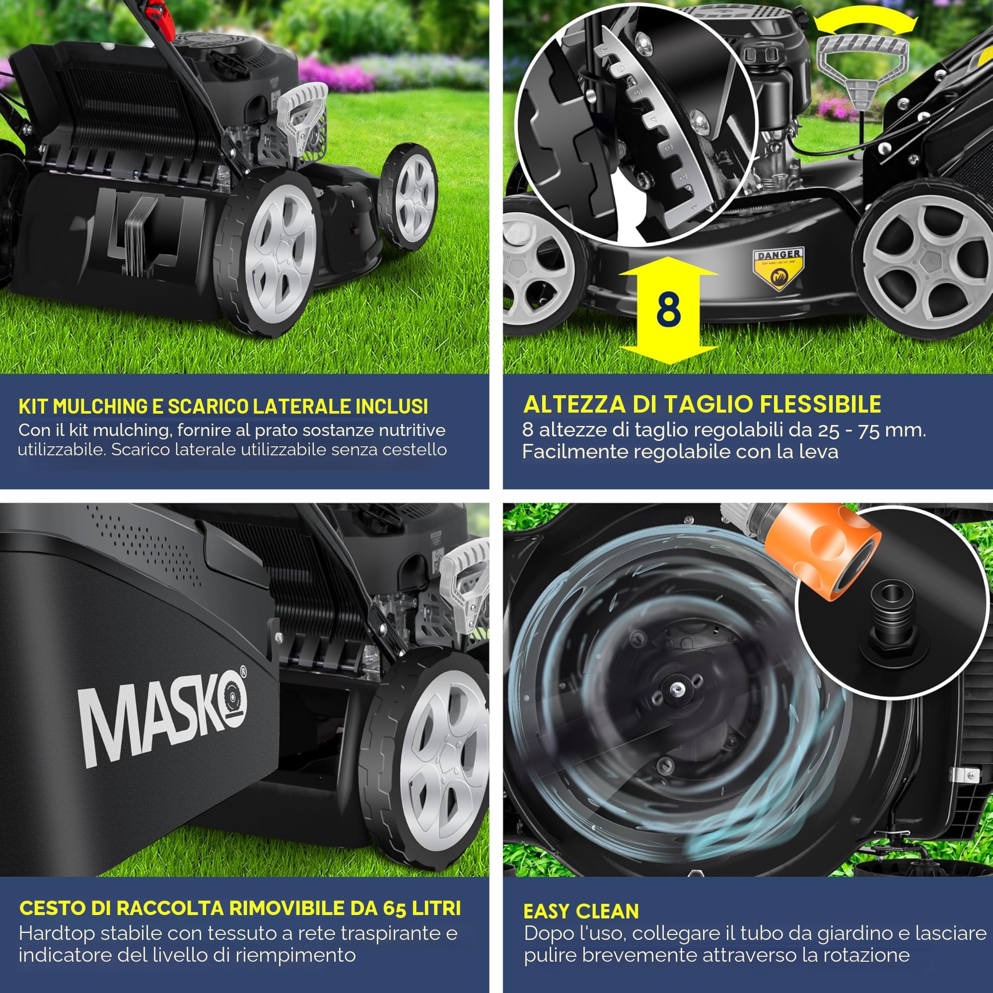 MASKO Tosaerba a benzina 5 in 1, larghezza di taglio 51 cm, regolazione dell'altezza di taglio 8 volte, motore OHV a 4 tempi, 6,0 CV, cestino di raccolta da 65 litri, incluso kit per pacciamatura