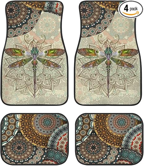 Car Floor Mats, Bohemian Mandala Dragonfly Print Floor Carpet Mat 4 Pieces Sets All Weather Front & Rear Mats All-Purpose Car Floor Carpet Protector Mat for Most Car