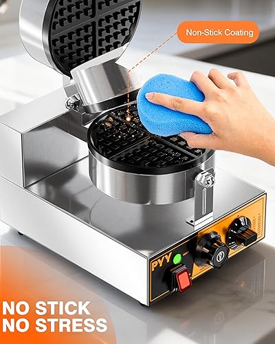 Miniatura 5 de PYY Waffle Maker comercial  1300 W antiadherente Waffle Iron, 20 unidadesH de acero inoxidable redondo belga waflera belga, control de tiempo y