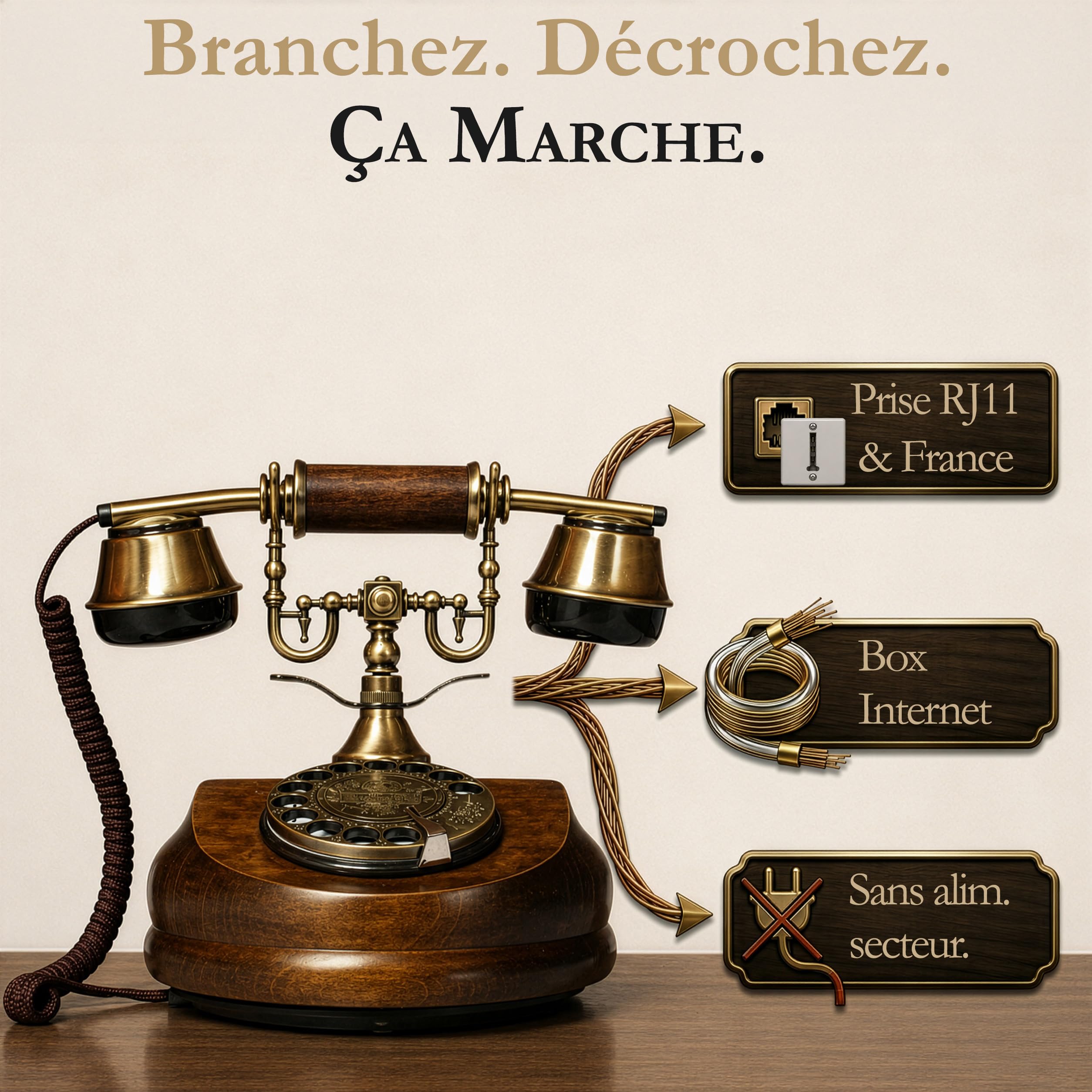 Opis Technology 1921 Cable Modèle A — Téléphone Fixe Vintage en Bois, Téléphone Rétro Filaire avec Cadran Rotatif et Cloche en Métal (sans Bluetooth)