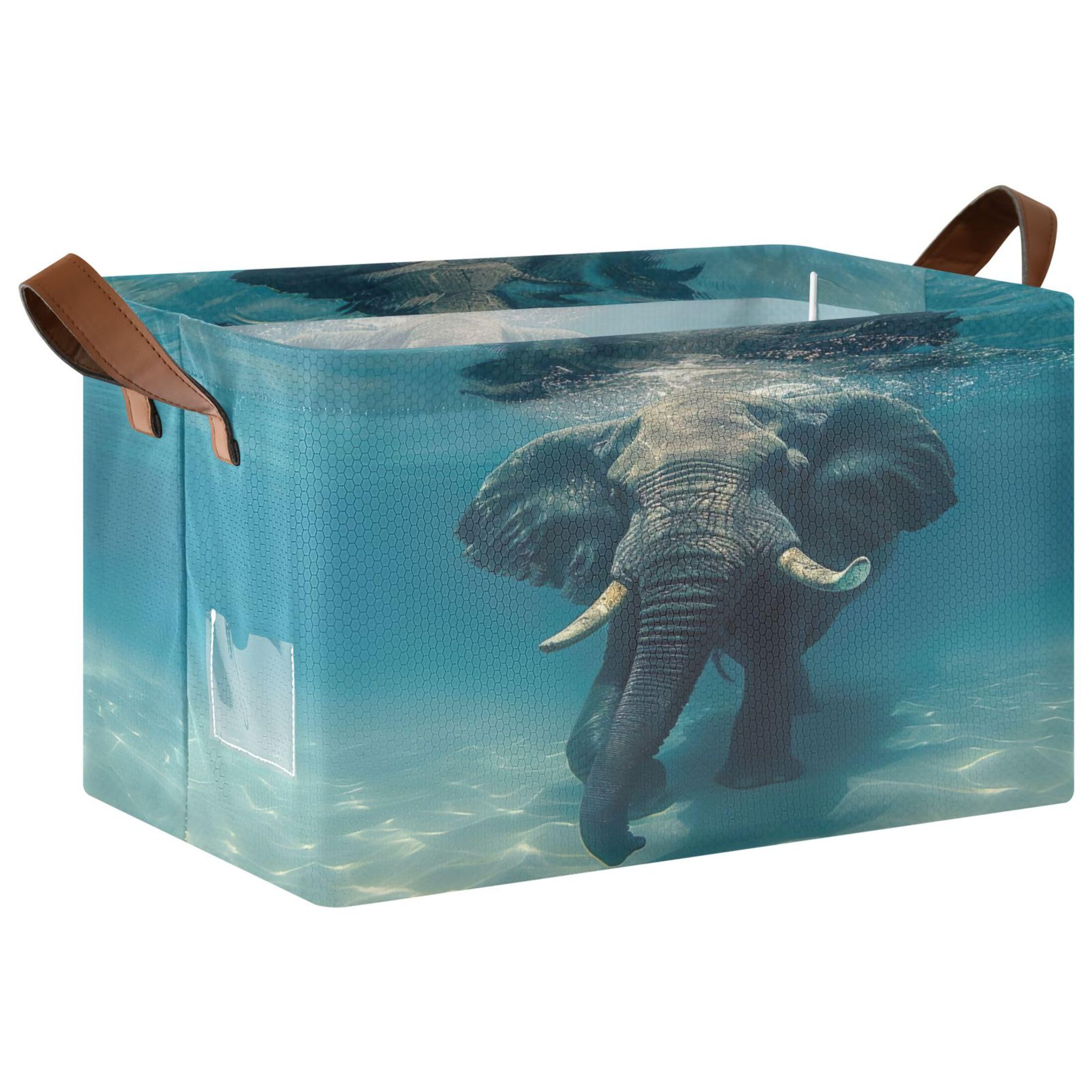 Kutsu Foldable Storage Basket Elephant in Water Collapsible Storage Bin with Handles for Shelves, Rectangle Basket for Home Nursery Decor, 16.9x11.4x10 in
