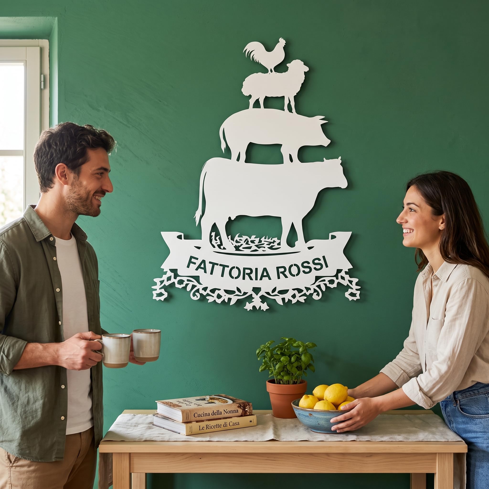 Arte de pared de metal personalizado con diseño de animales de granja, letrero de nombre de granja personalizado, decoración rústica de vaca, cerdo, oveja, gallo